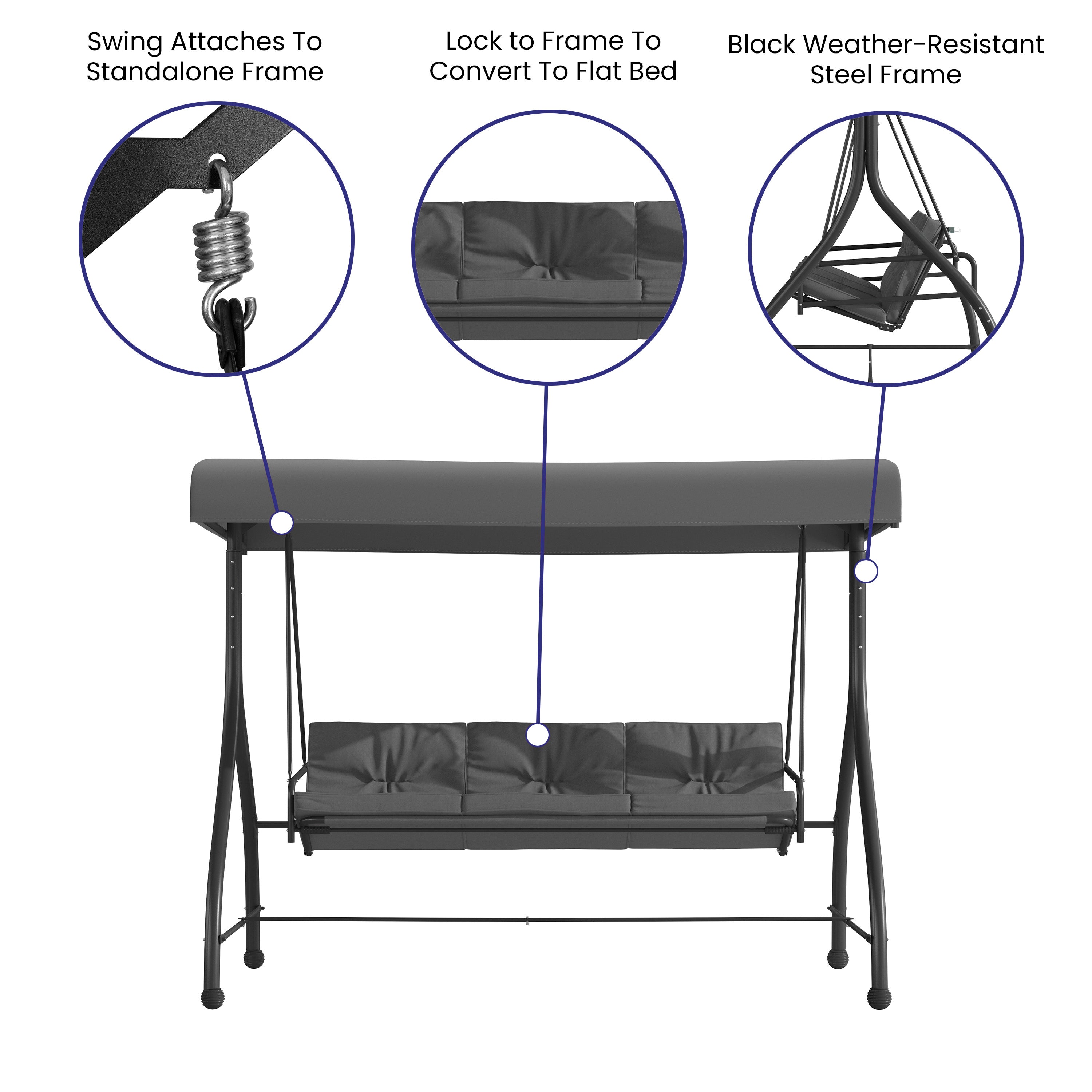 Tellis 3-Seat Outdoor Steel Converting Patio Swing Canopy Hammock with Cushions / Outdoor Swing Bed (Gray)