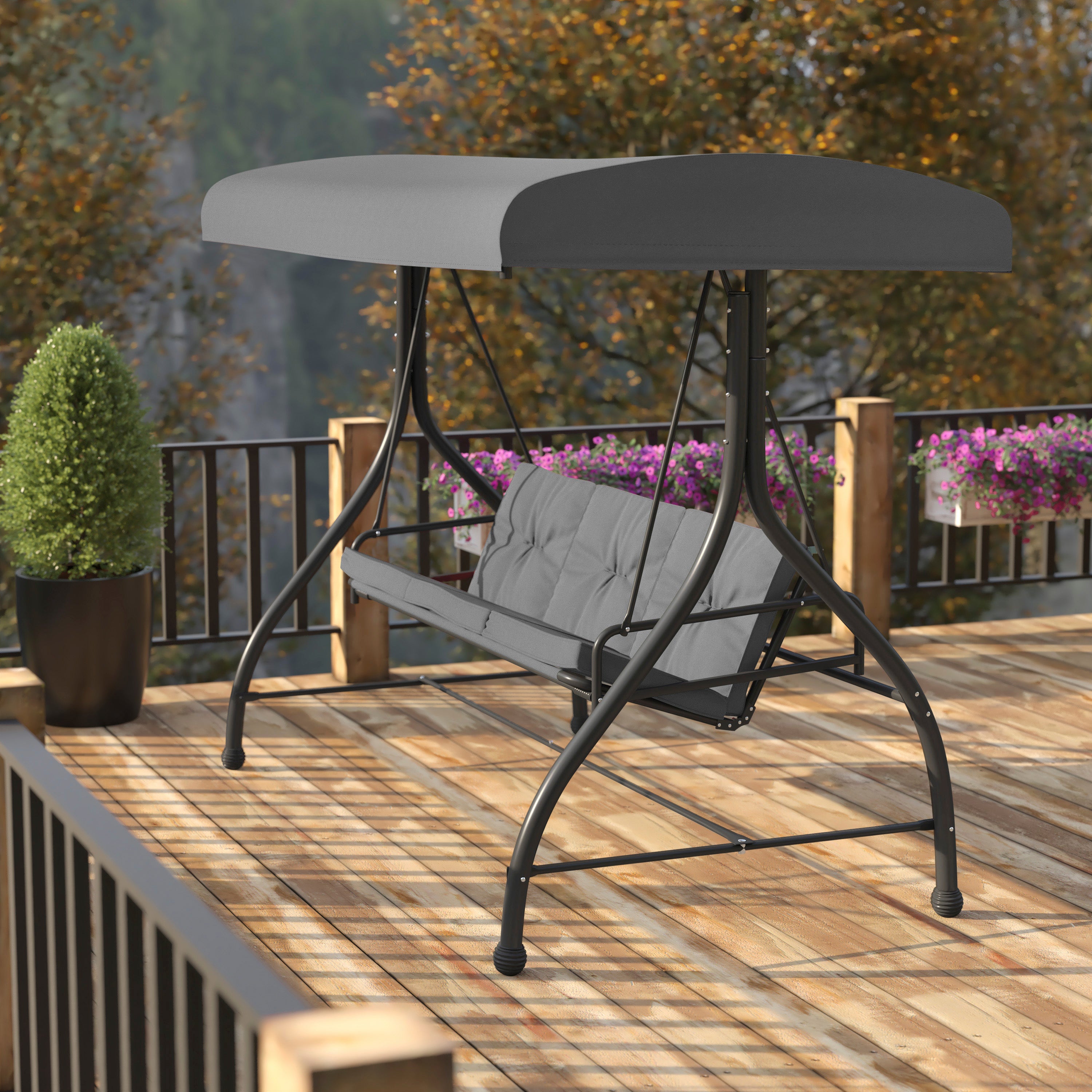 Tellis 3-Seat Outdoor Steel Converting Patio Swing Canopy Hammock with Cushions / Outdoor Swing Bed (Gray)