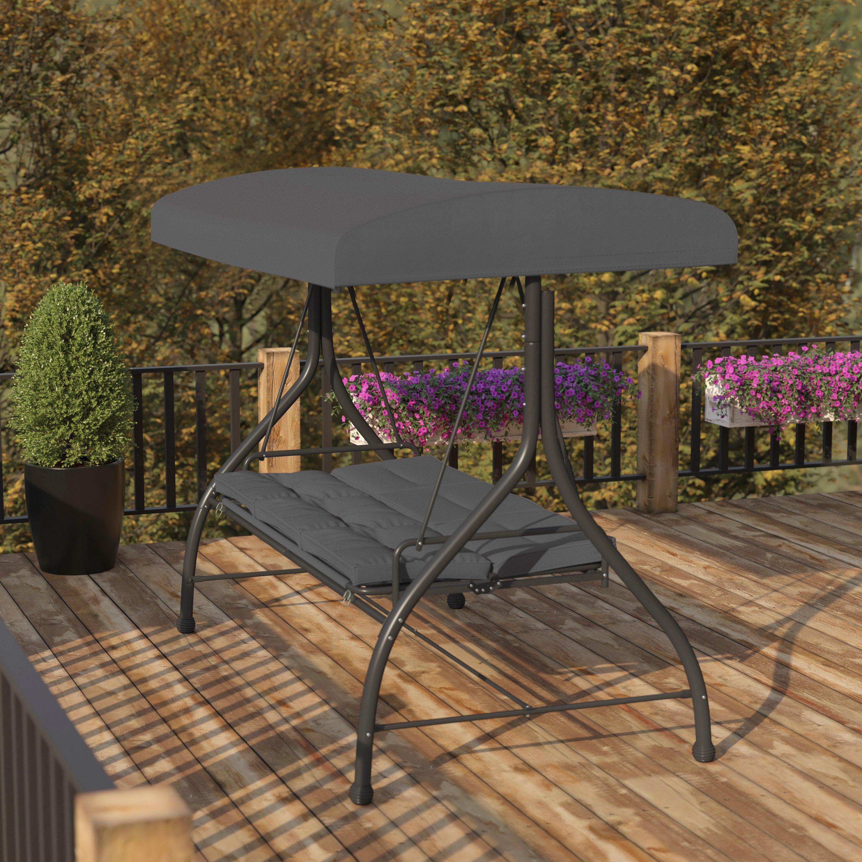 Tellis 3-Seat Outdoor Steel Converting Patio Swing Canopy Hammock with Cushions / Outdoor Swing Bed (Gray)