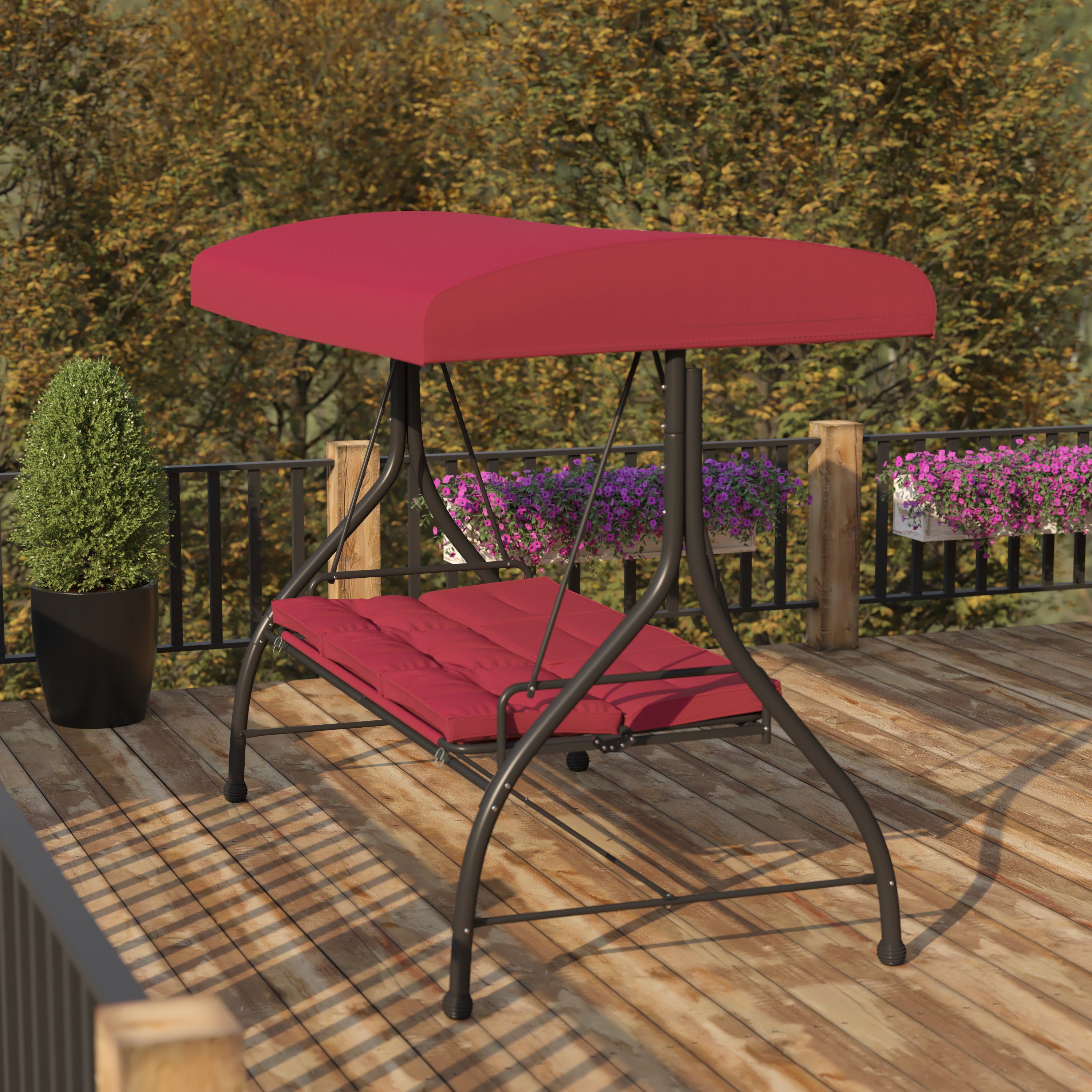 Tellis 3-Seat Outdoor Steel Converting Patio Swing Canopy Hammock with Cushions / Outdoor Swing Bed (Maroon)