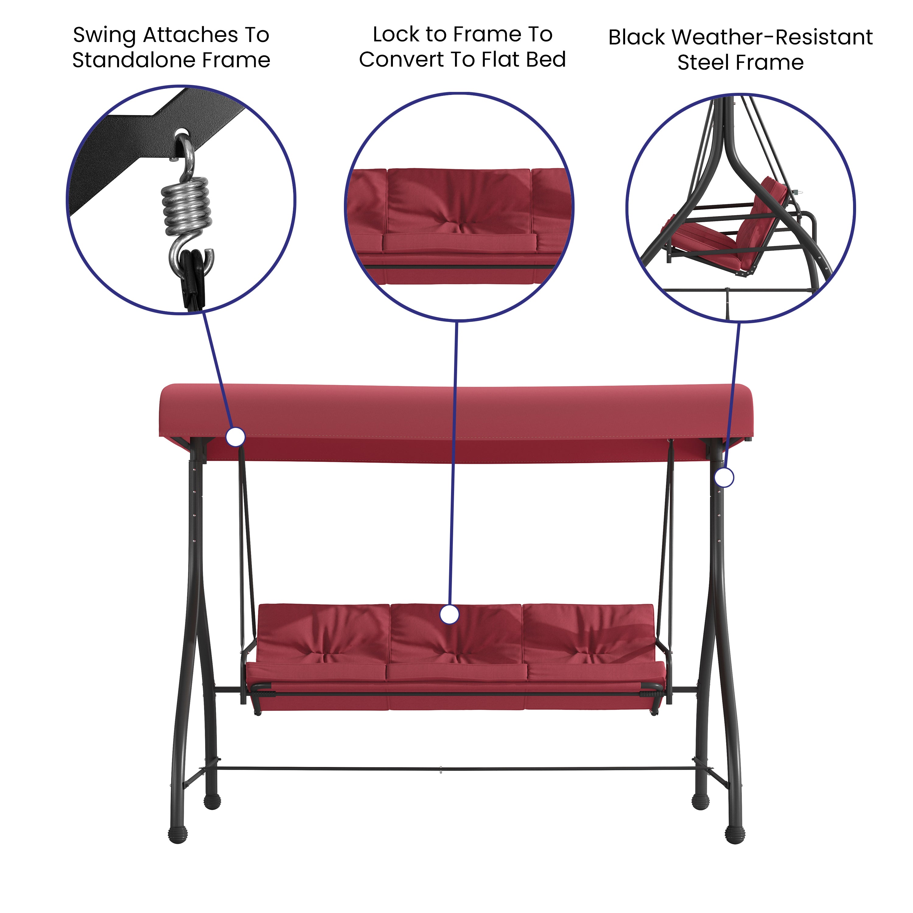Tellis 3-Seat Outdoor Steel Converting Patio Swing Canopy Hammock with Cushions / Outdoor Swing Bed (Maroon)