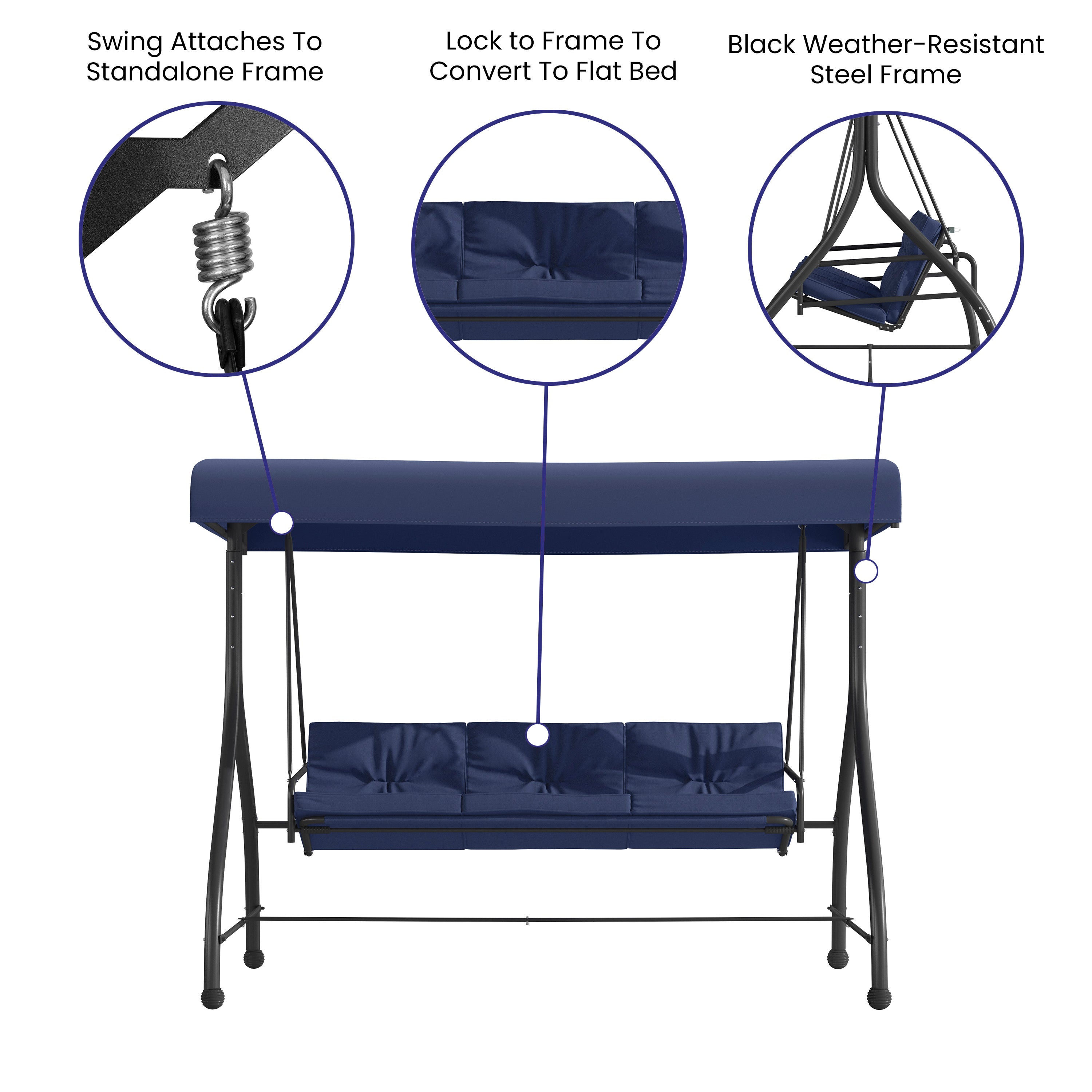 Tellis 3-Seat Outdoor Steel Converting Patio Swing Canopy Hammock with Cushions / Outdoor Swing Bed (Navy)