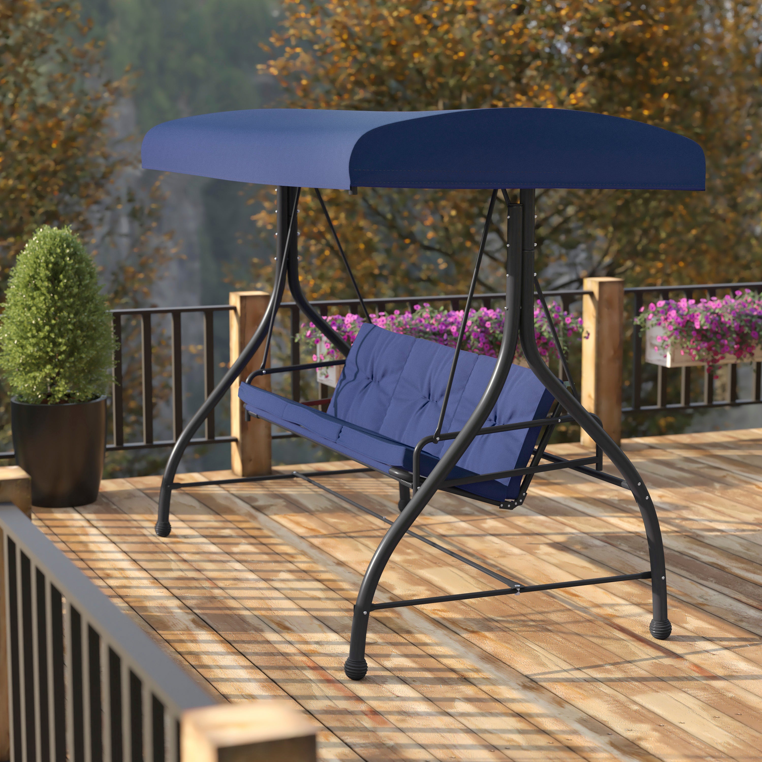 Tellis 3-Seat Outdoor Steel Converting Patio Swing Canopy Hammock with Cushions / Outdoor Swing Bed (Navy)