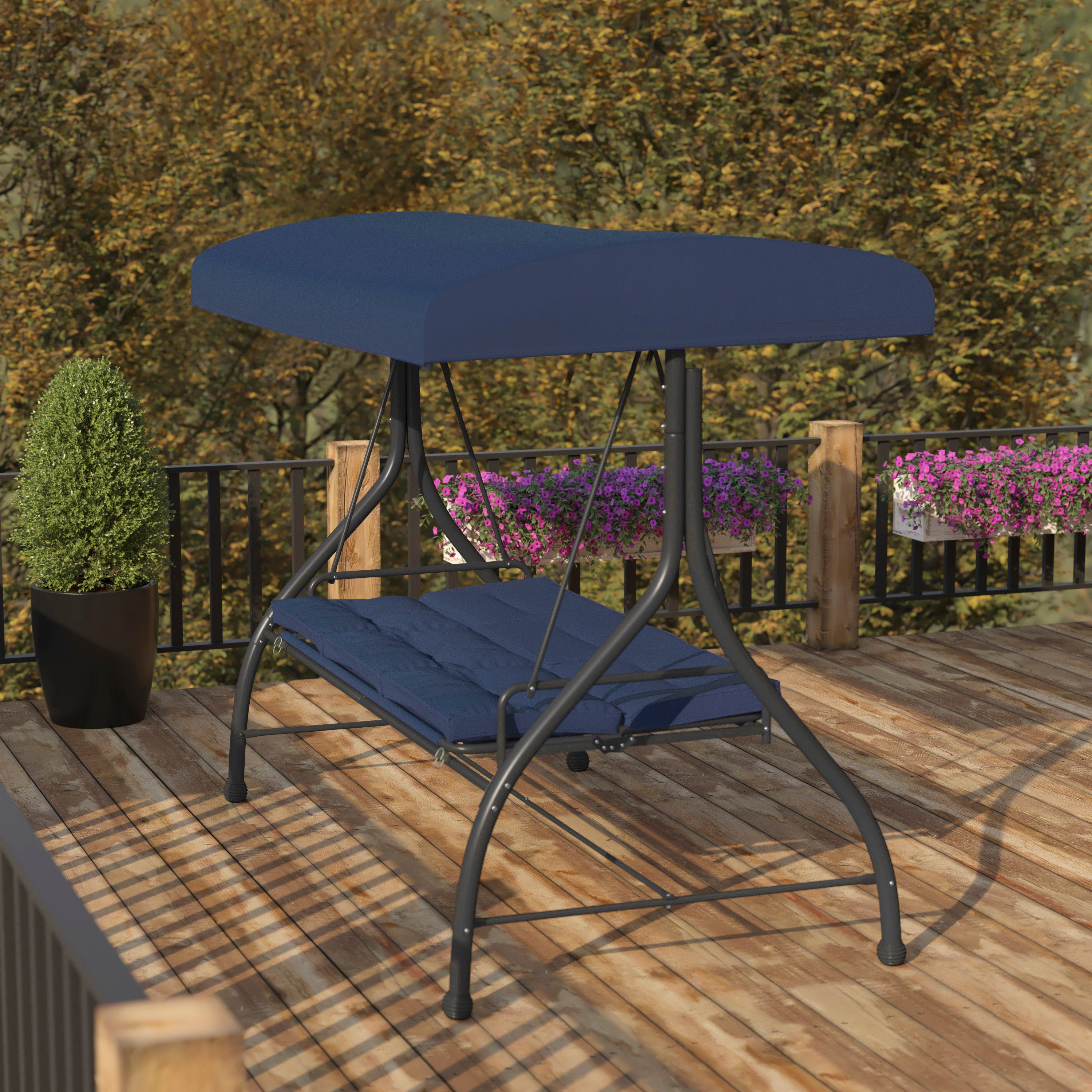 Tellis 3-Seat Outdoor Steel Converting Patio Swing Canopy Hammock with Cushions / Outdoor Swing Bed (Navy)