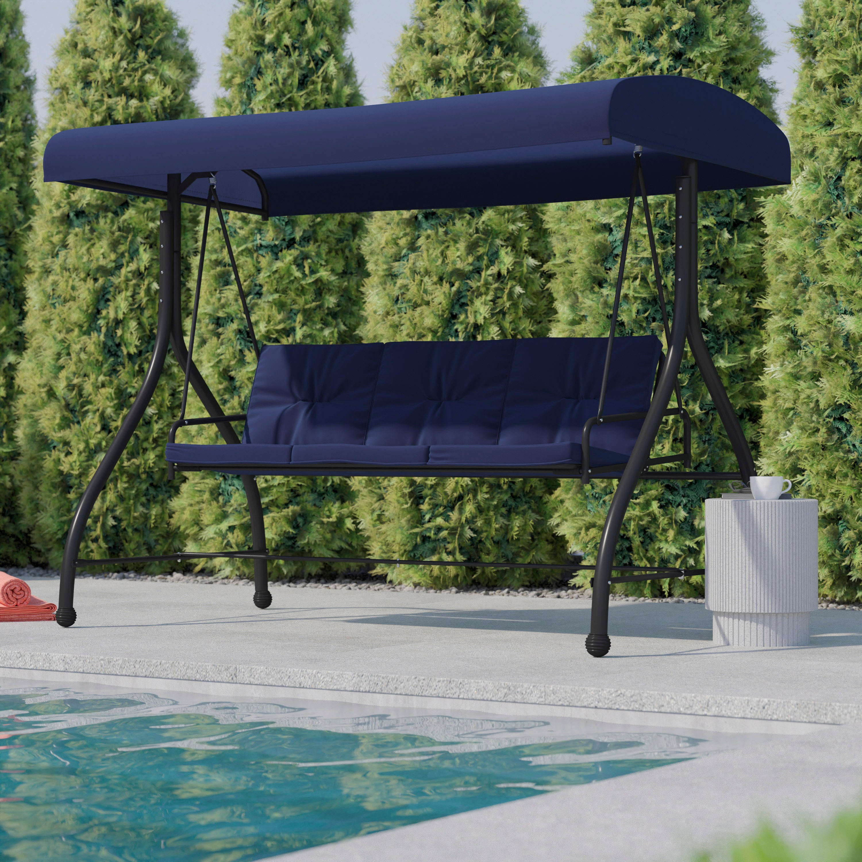 Tellis 3-Seat Outdoor Steel Converting Patio Swing Canopy Hammock with Cushions / Outdoor Swing Bed (Navy)