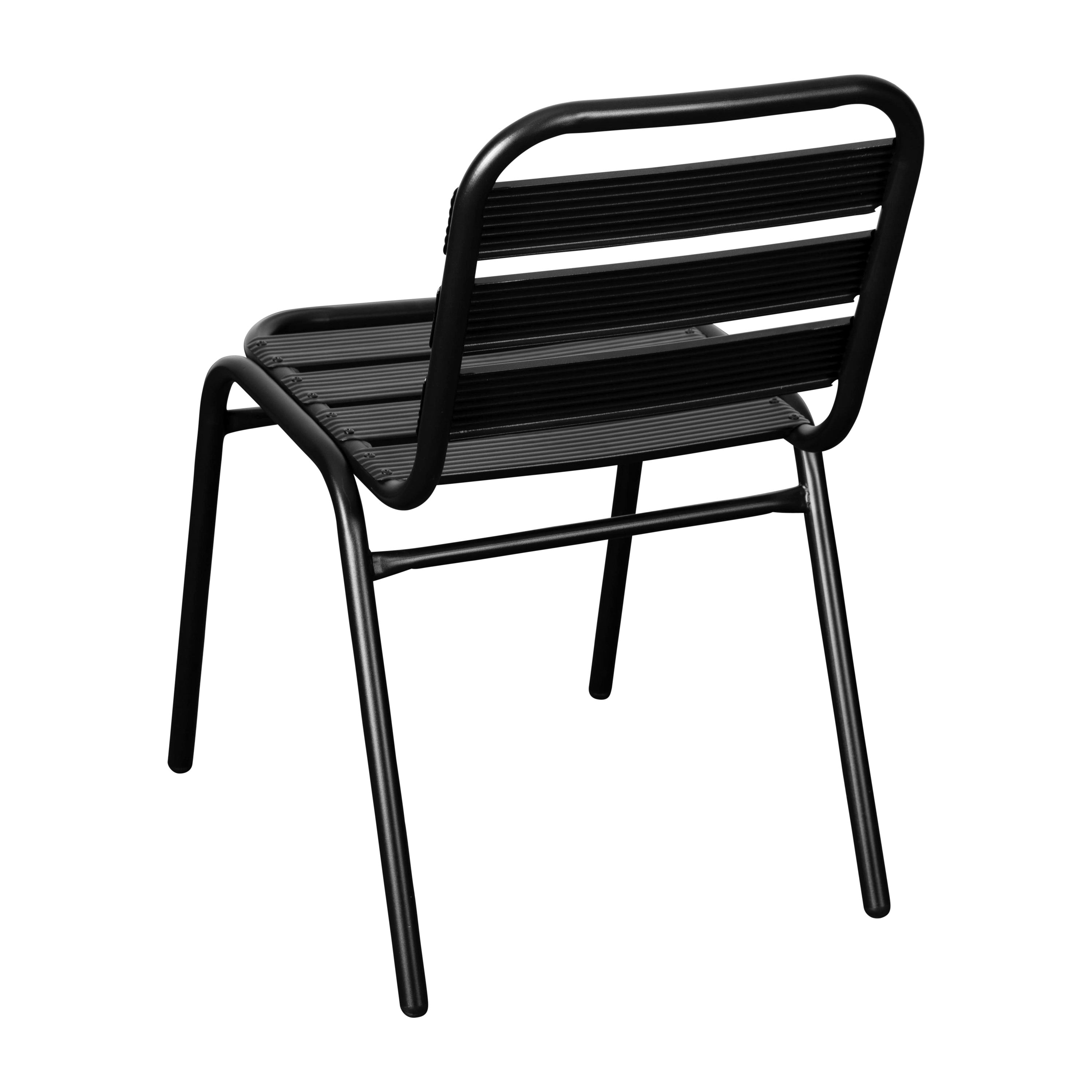 Lila Commercial Black Metal Indoor-Outdoor Restaurant Stack Chair with Metal Triple Slat Back