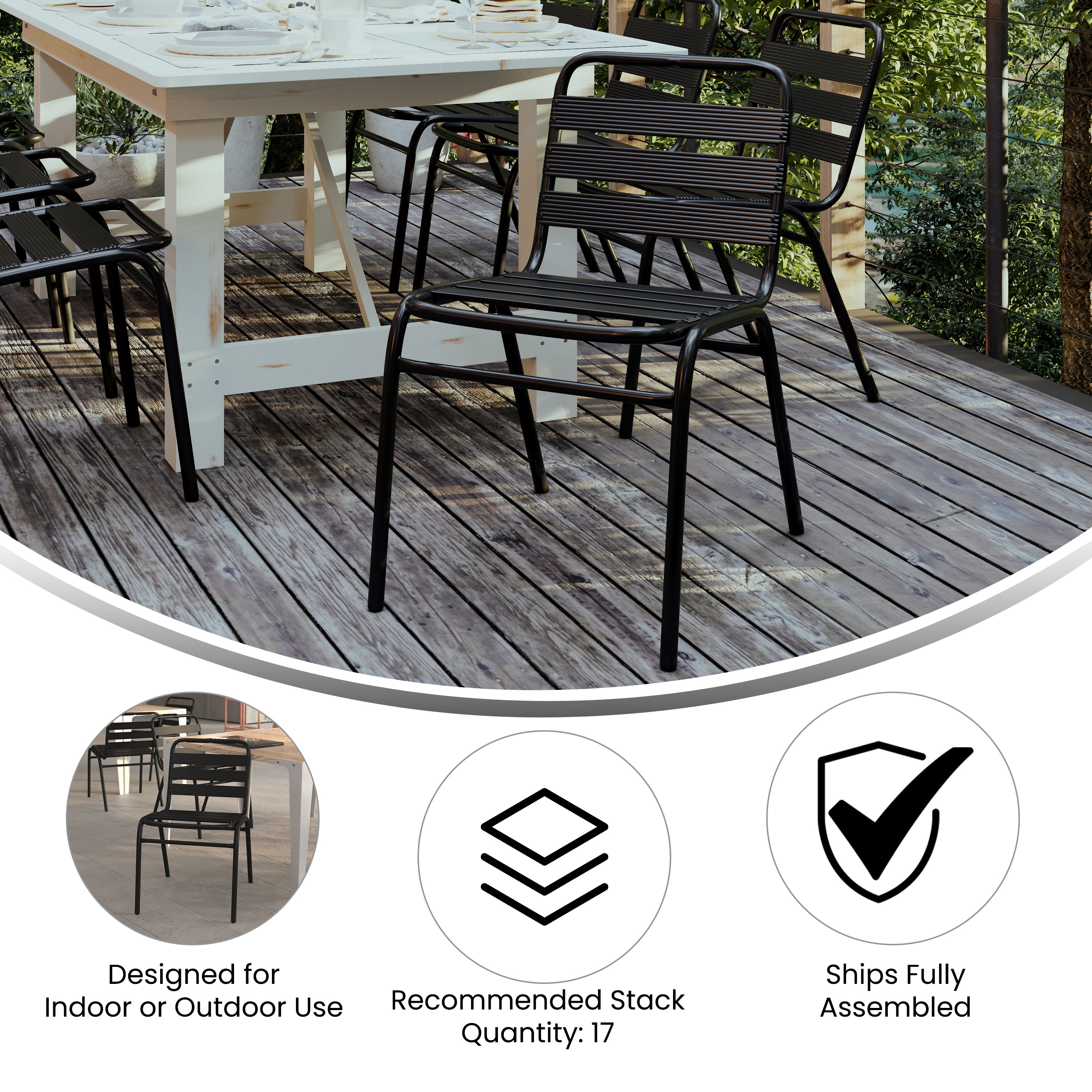 Lila Commercial Black Metal Indoor-Outdoor Restaurant Stack Chair with Metal Triple Slat Back