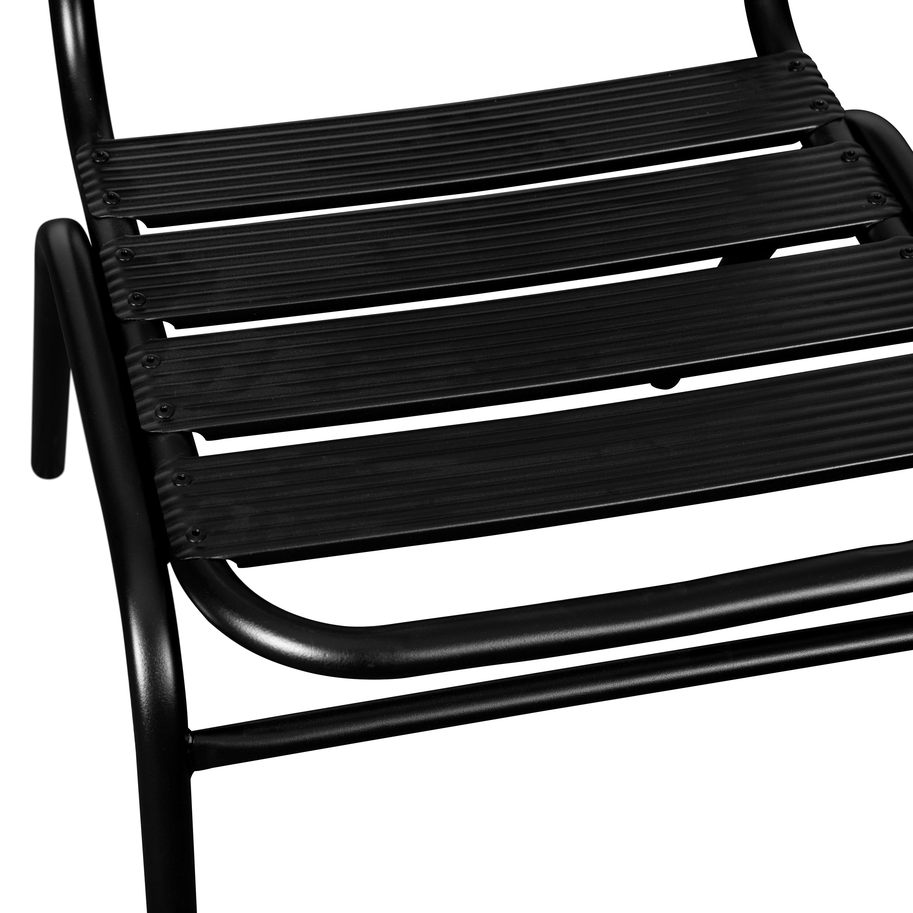 Lila Commercial Black Metal Indoor-Outdoor Restaurant Stack Chair with Metal Triple Slat Back