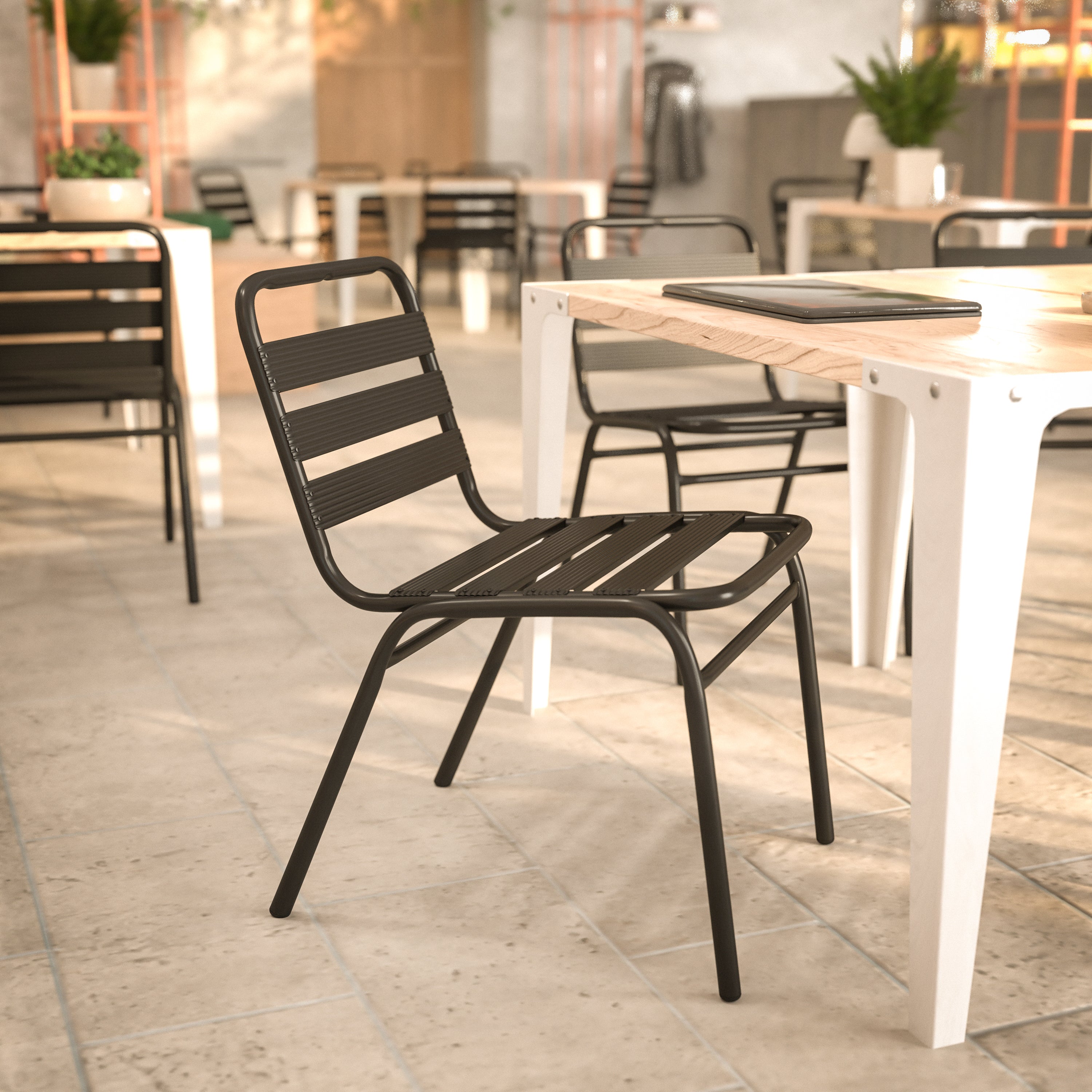 Lila Commercial Black Metal Indoor-Outdoor Restaurant Stack Chair with Metal Triple Slat Back