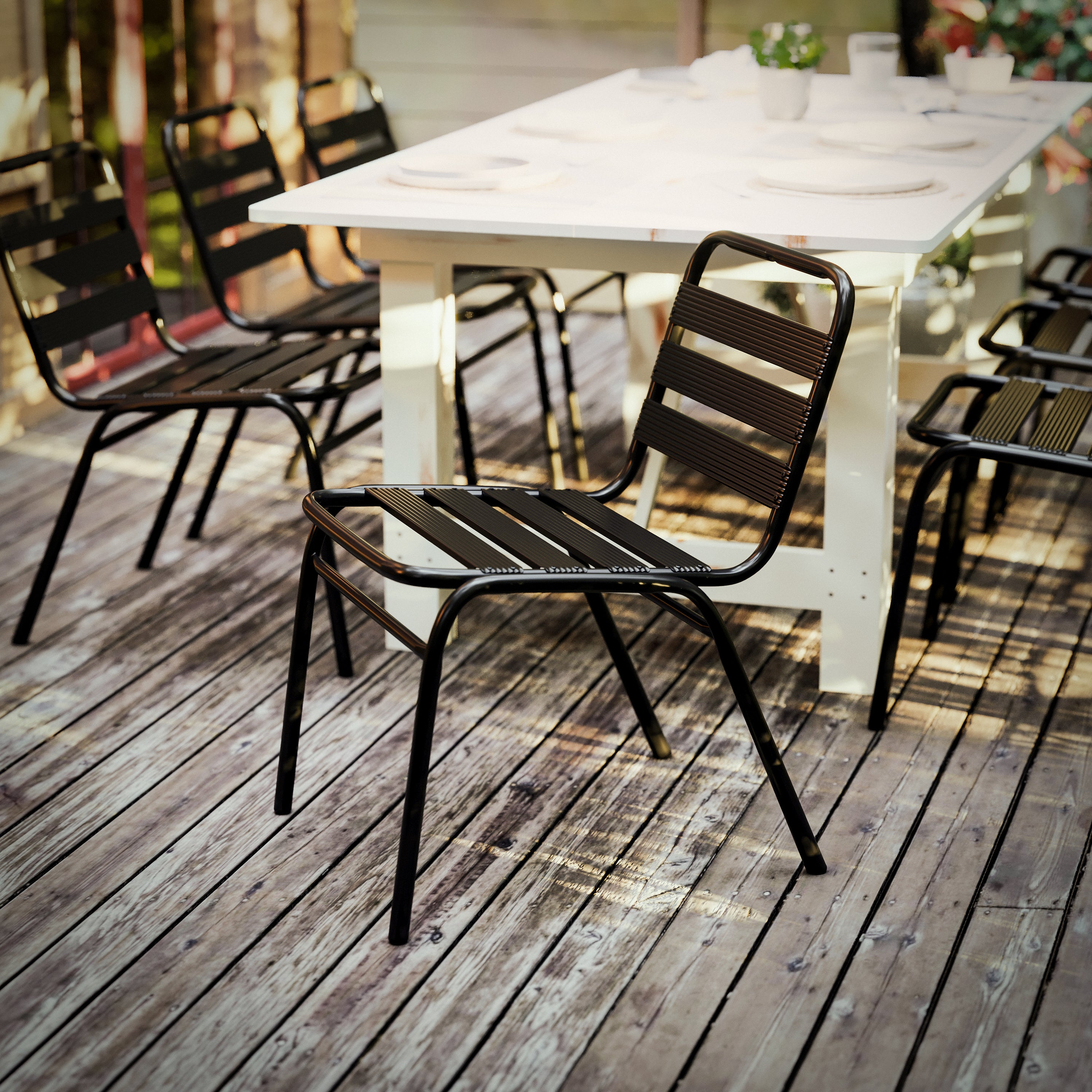 Lila Commercial Black Metal Indoor-Outdoor Restaurant Stack Chair with Metal Triple Slat Back