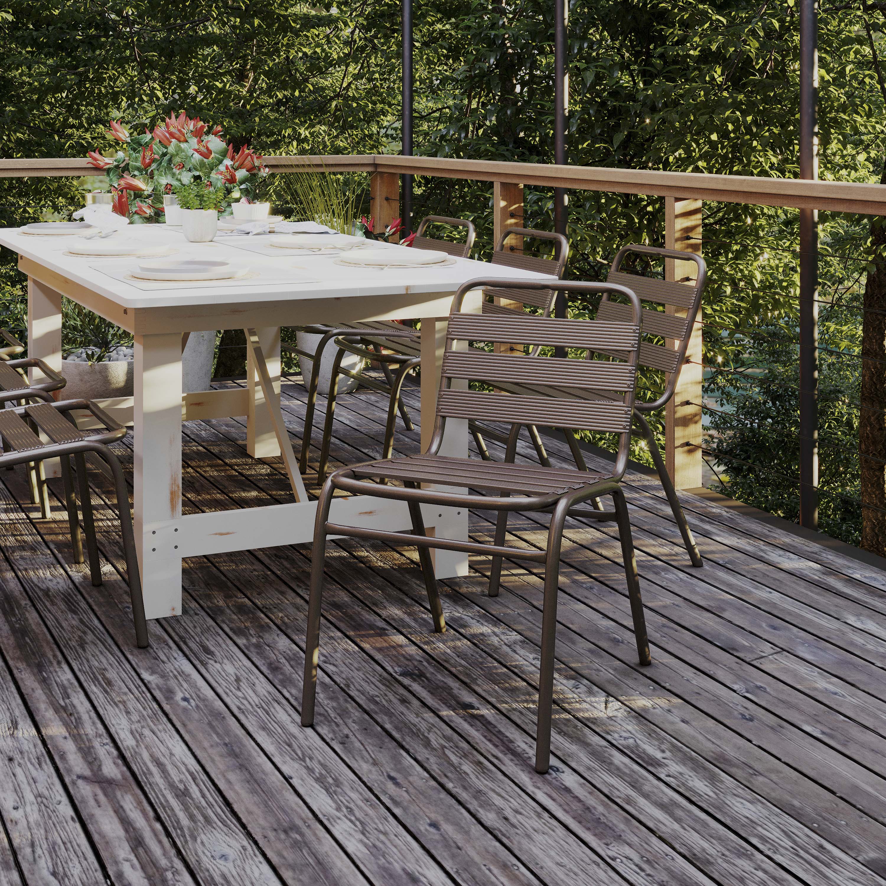 Lila Commercial Bronze Metal Indoor-Outdoor Restaurant Stack Chair with Metal Triple Slat Back