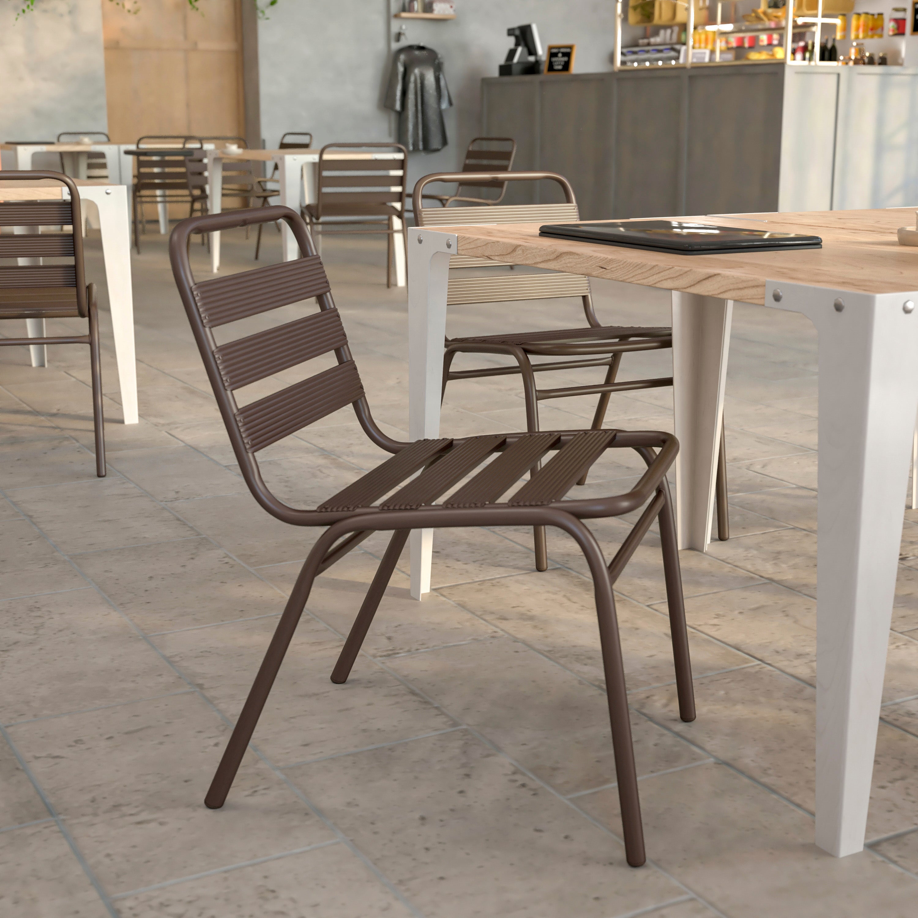 Lila Commercial Bronze Metal Indoor-Outdoor Restaurant Stack Chair with Metal Triple Slat Back