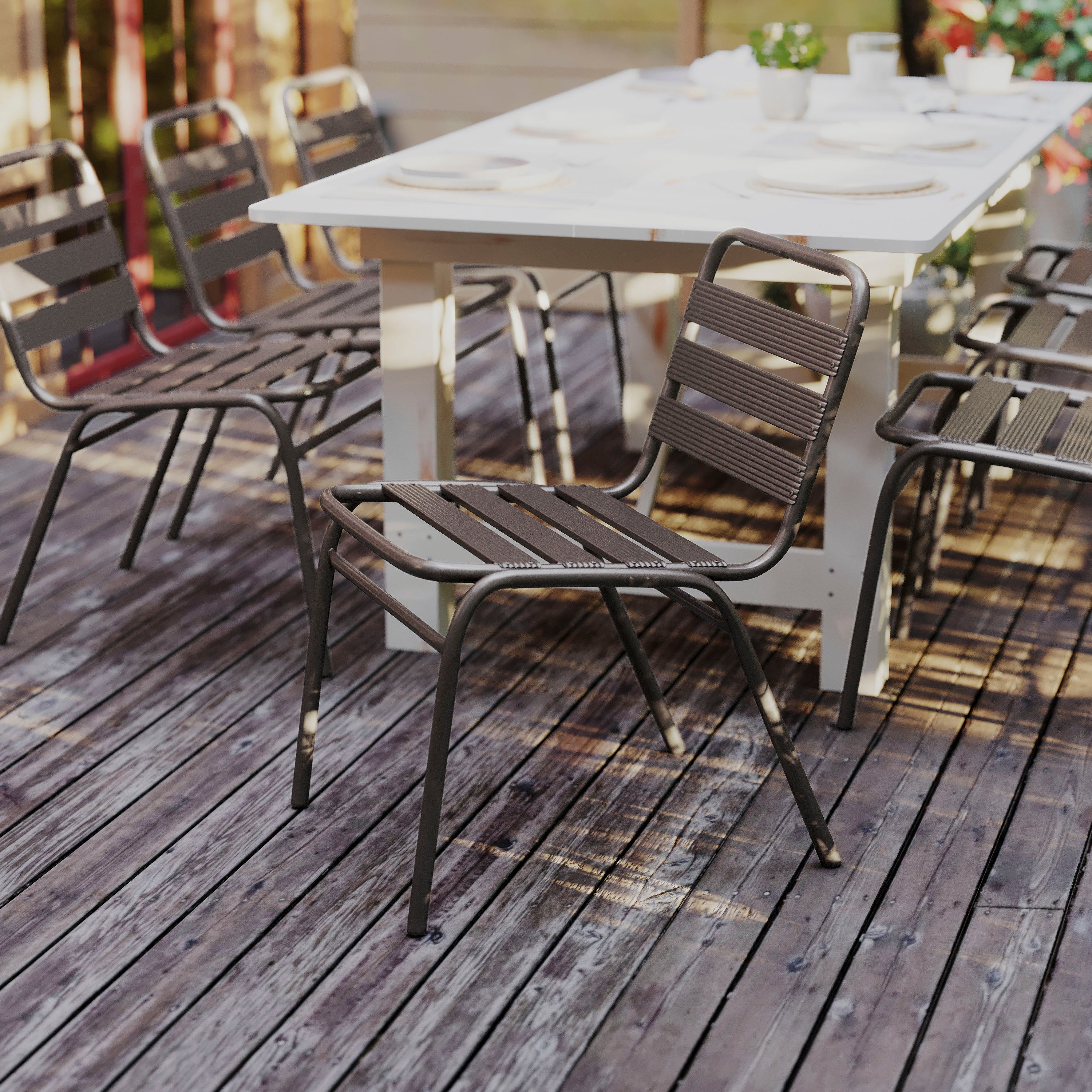 Lila Commercial Bronze Metal Indoor-Outdoor Restaurant Stack Chair with Metal Triple Slat Back