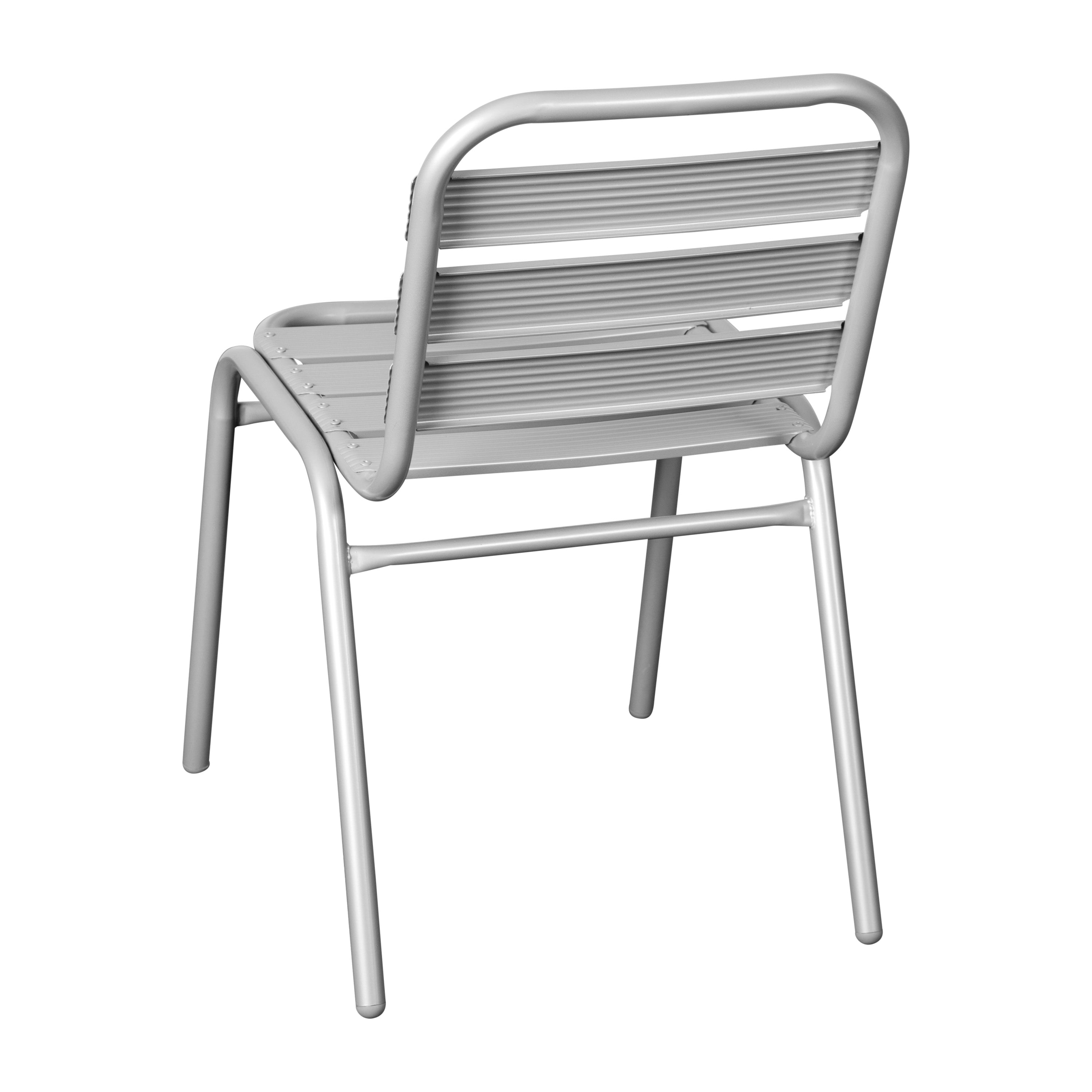 Lila Commercial Silver Metal Indoor-Outdoor Restaurant Stack Chair with Metal Triple Slat Back