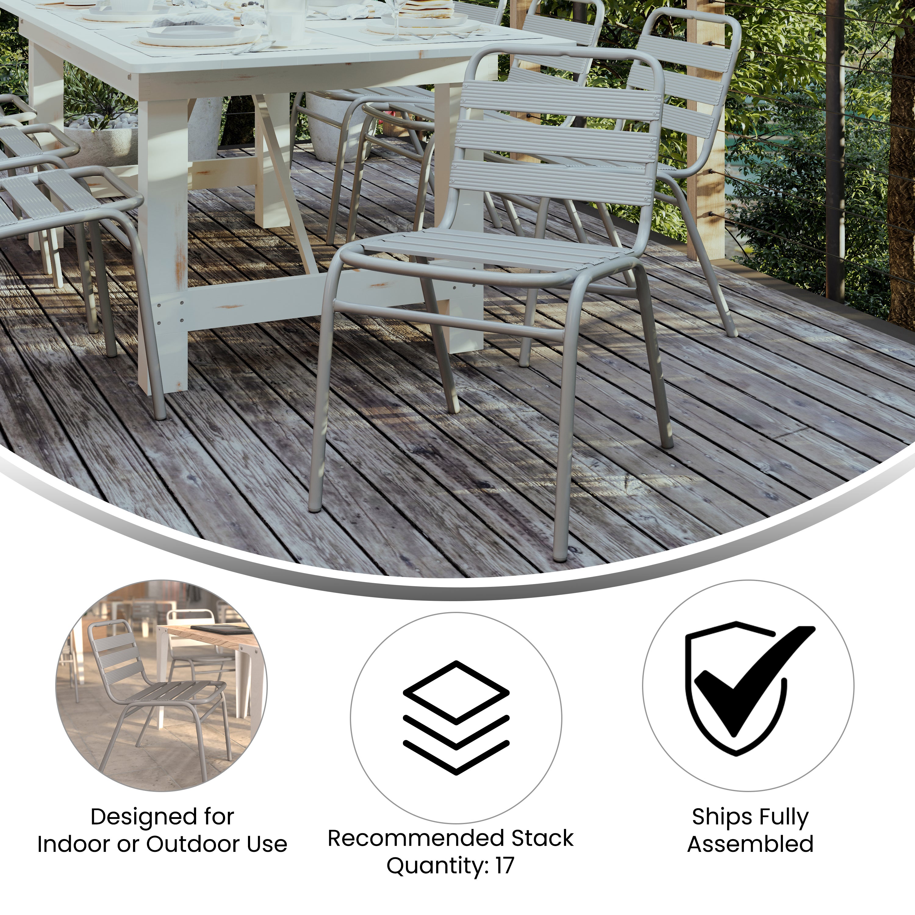 Lila Commercial Silver Metal Indoor-Outdoor Restaurant Stack Chair with Metal Triple Slat Back