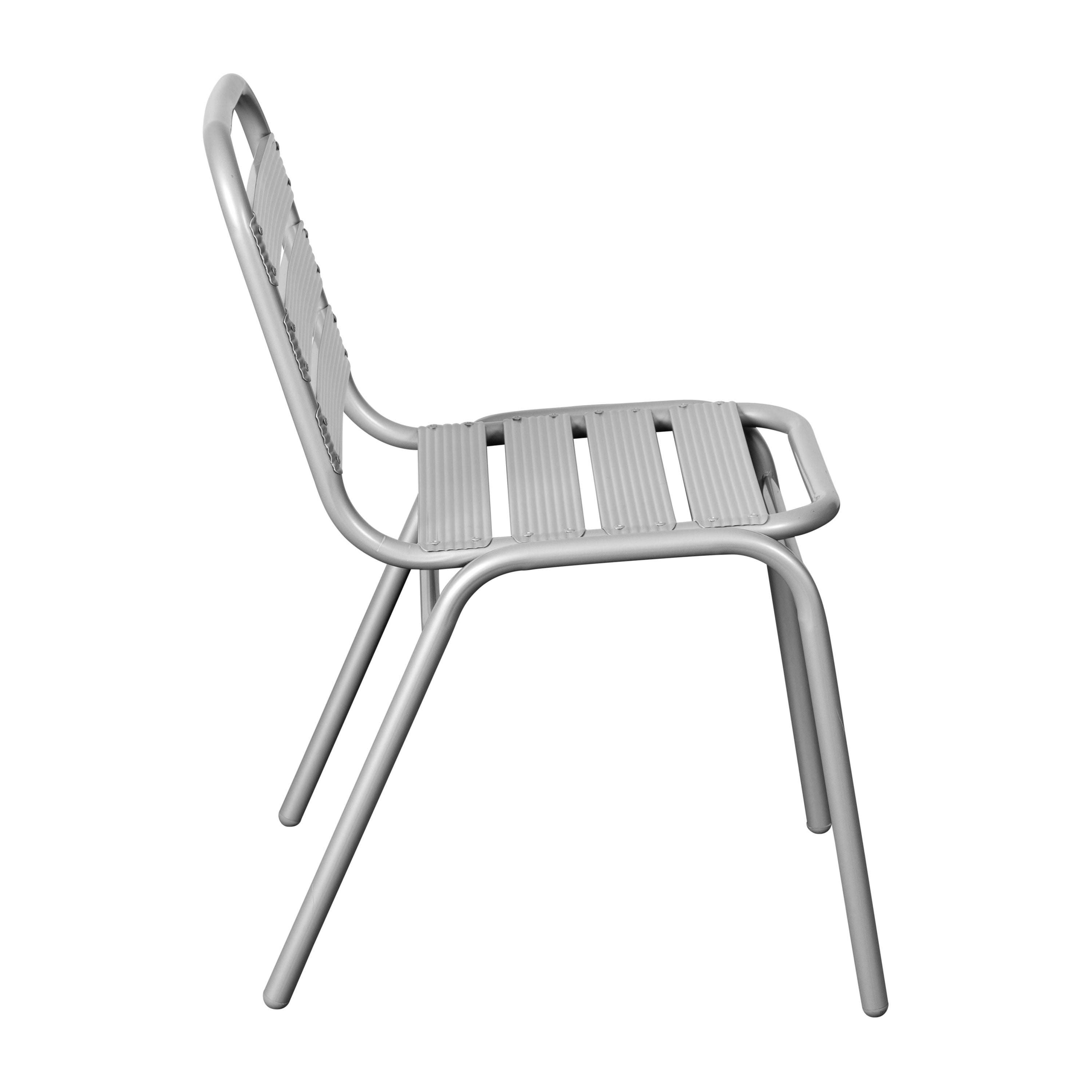 Lila Commercial Silver Metal Indoor-Outdoor Restaurant Stack Chair with Metal Triple Slat Back