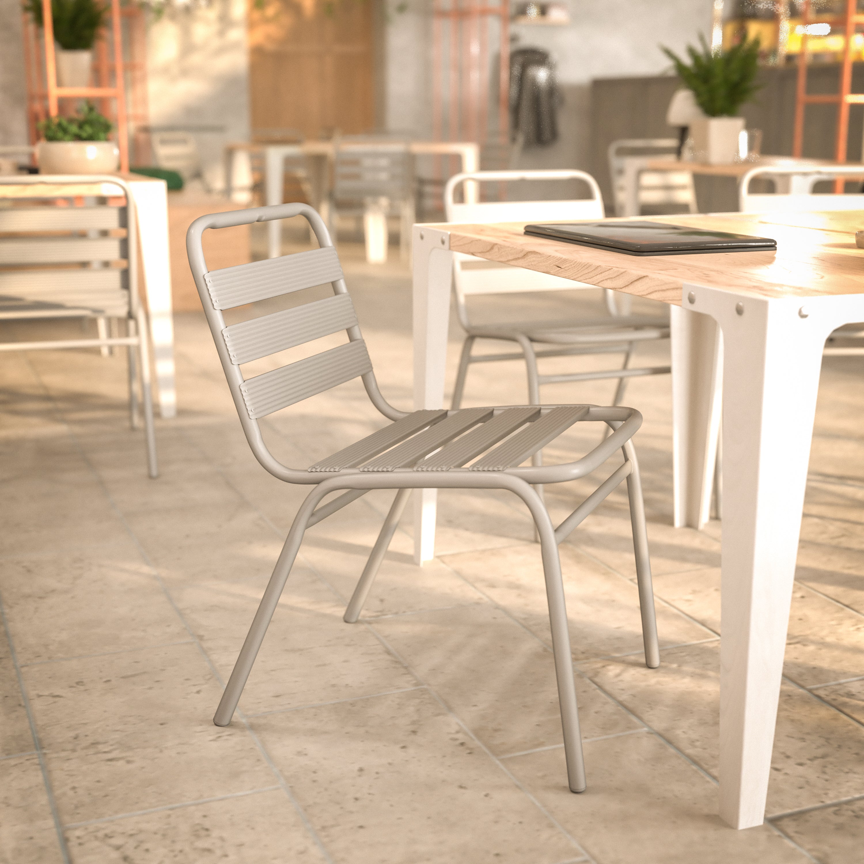 Lila Commercial Silver Metal Indoor-Outdoor Restaurant Stack Chair with Metal Triple Slat Back