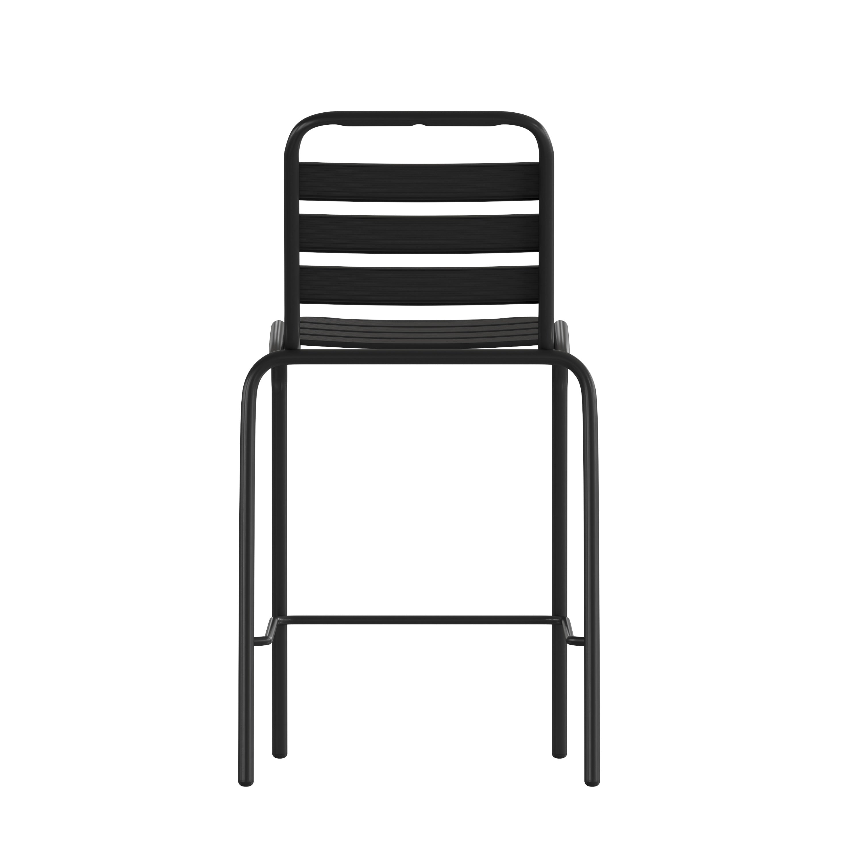 Lila Commercial Black Metal Indoor-Outdoor Restaurant Bar Height Stool with Metal Triple Slat Back