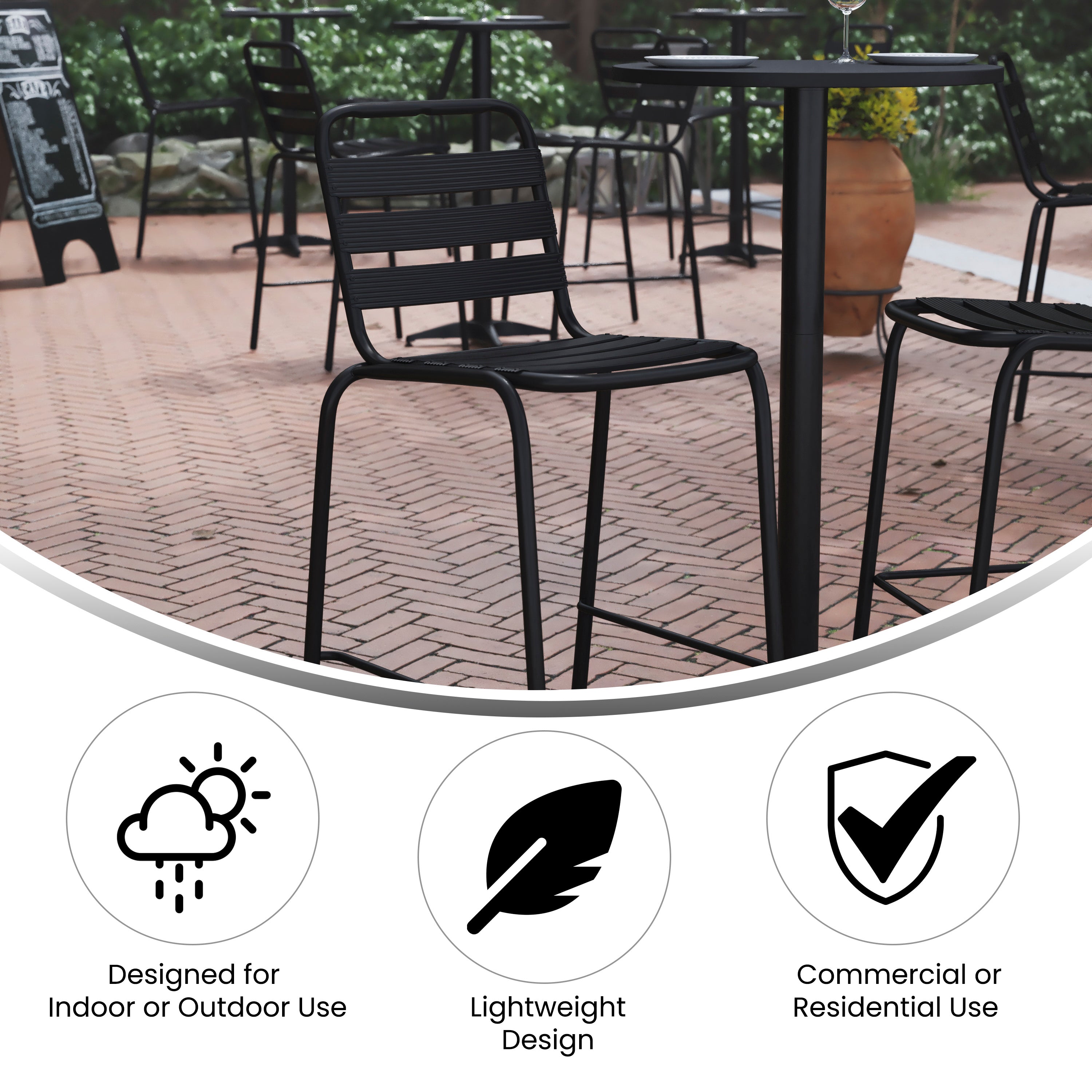 Lila Commercial Black Metal Indoor-Outdoor Restaurant Bar Height Stool with Metal Triple Slat Back