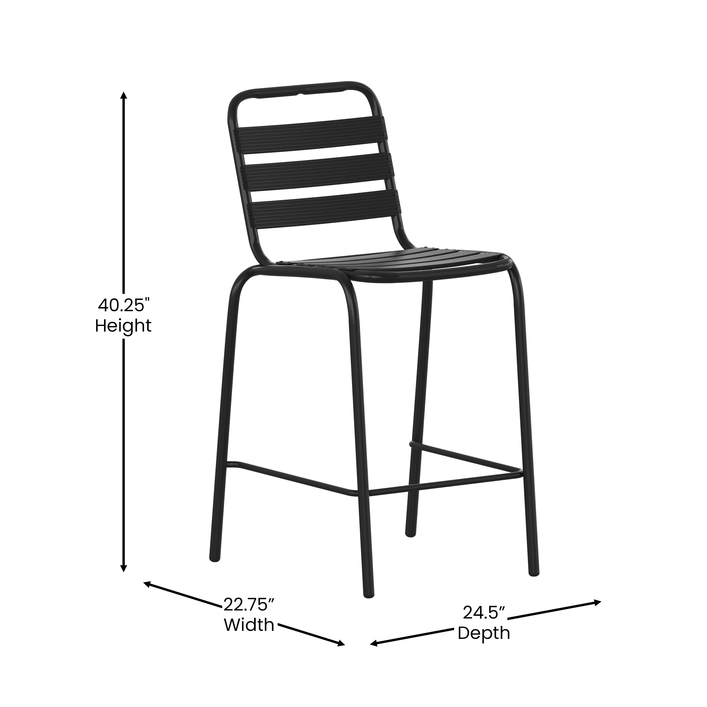 Lila Commercial Black Metal Indoor-Outdoor Restaurant Bar Height Stool with Metal Triple Slat Back