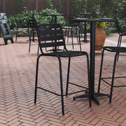 Lila Commercial Black Metal Indoor-Outdoor Restaurant Bar Height Stool with Metal Triple Slat Back