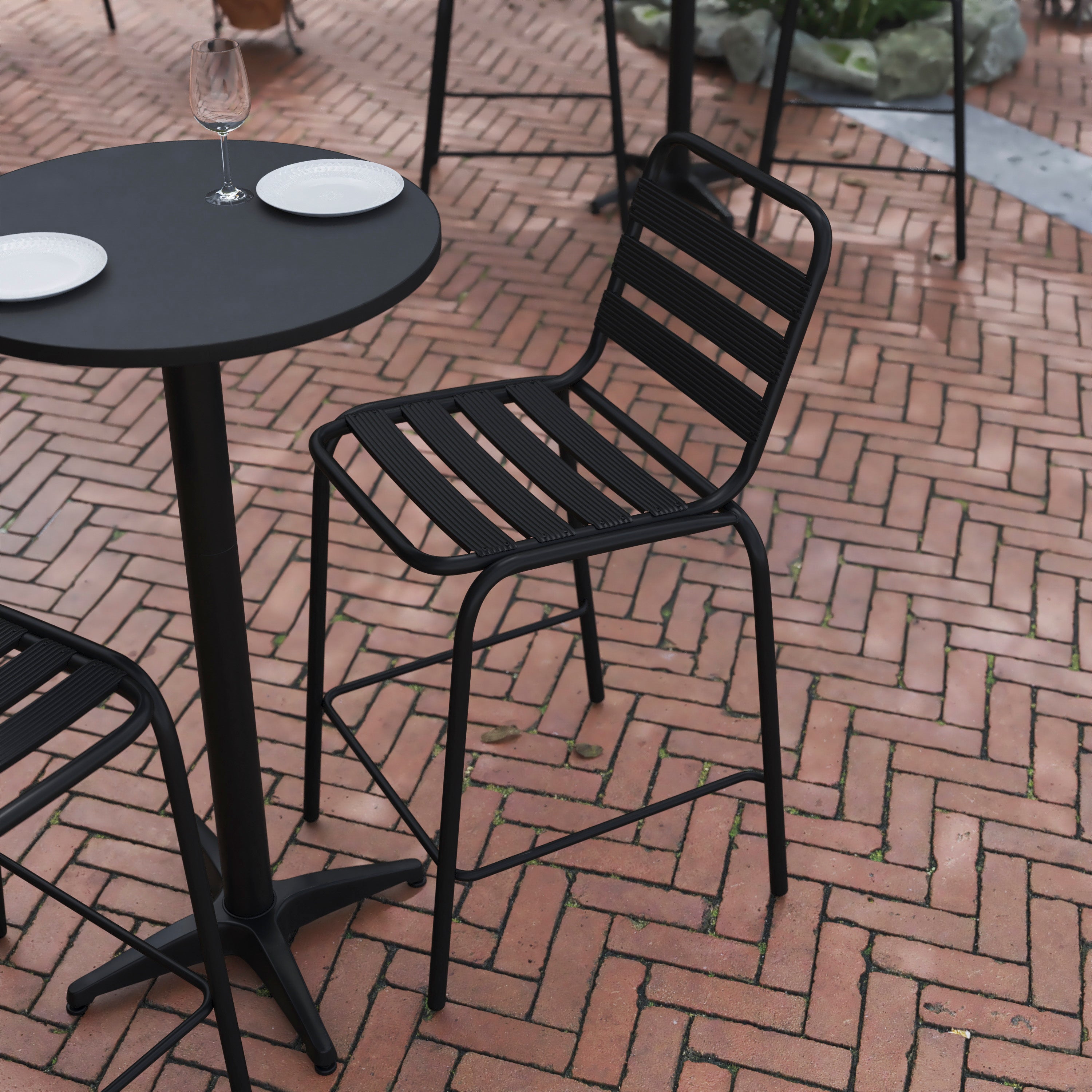 Lila Commercial Black Metal Indoor-Outdoor Restaurant Bar Height Stool with Metal Triple Slat Back