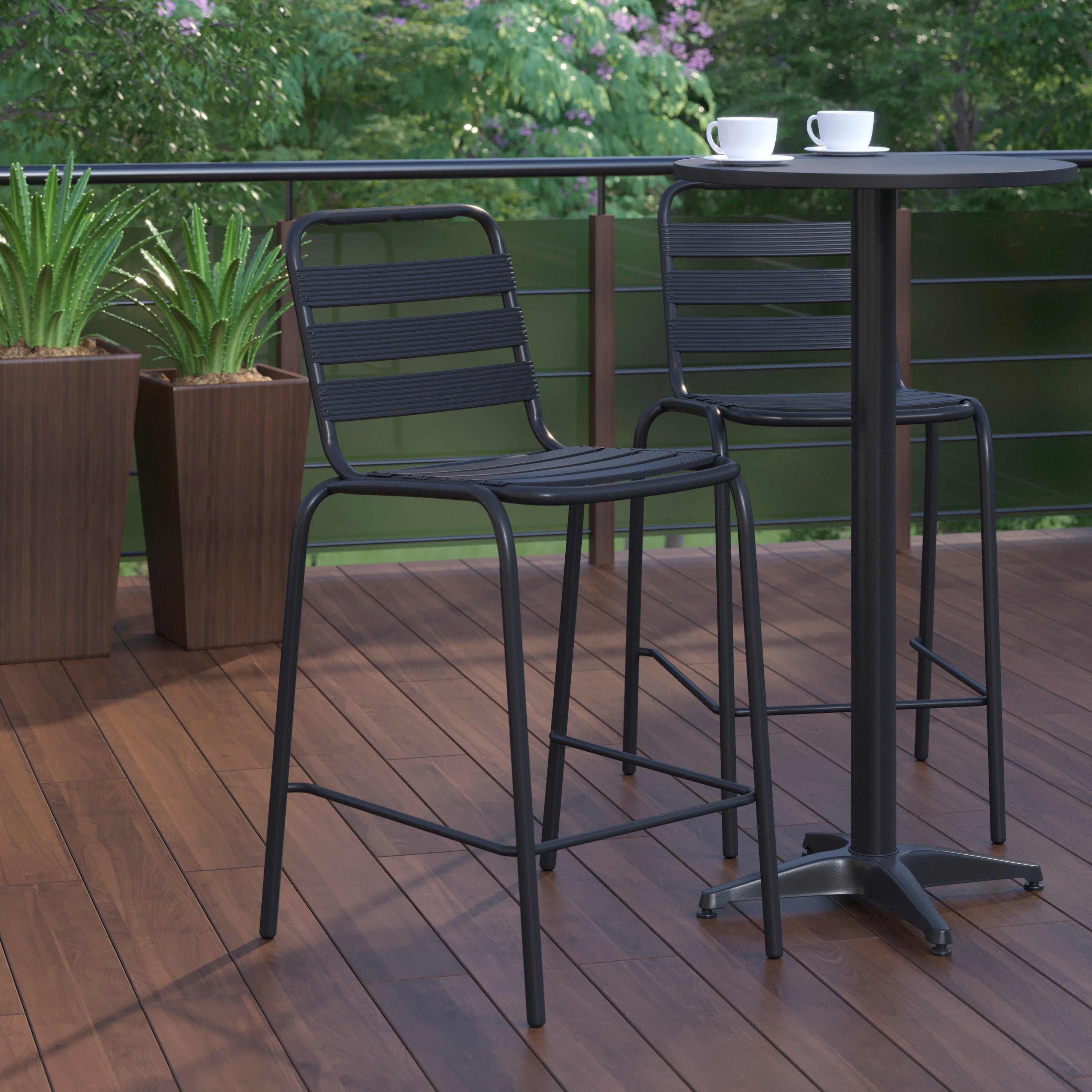Lila Commercial Black Metal Indoor-Outdoor Restaurant Bar Height Stool with Metal Triple Slat Back