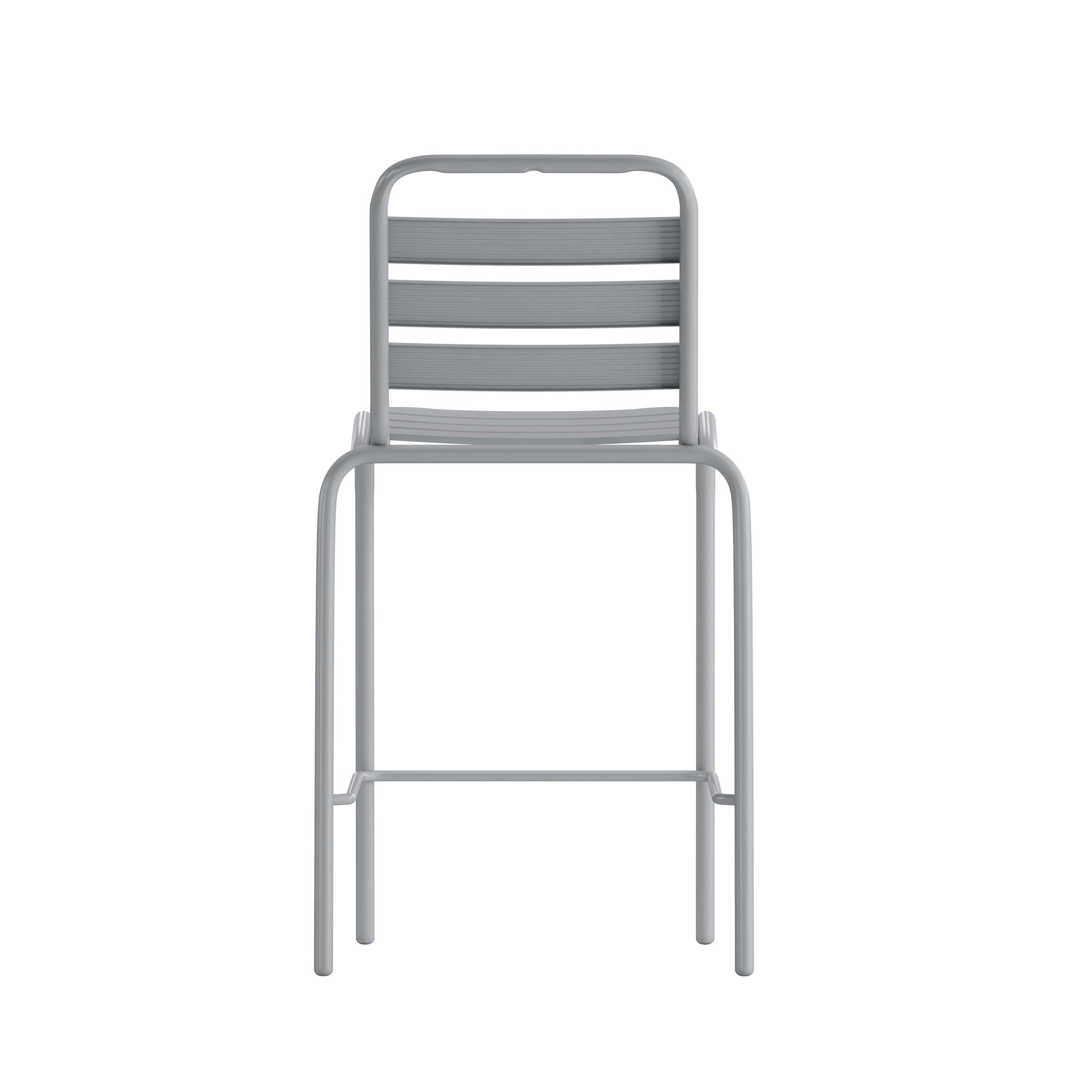 Lila Commercial Silver Metal Indoor-Outdoor Restaurant Bar Height Stool with Metal Triple Slat Back
