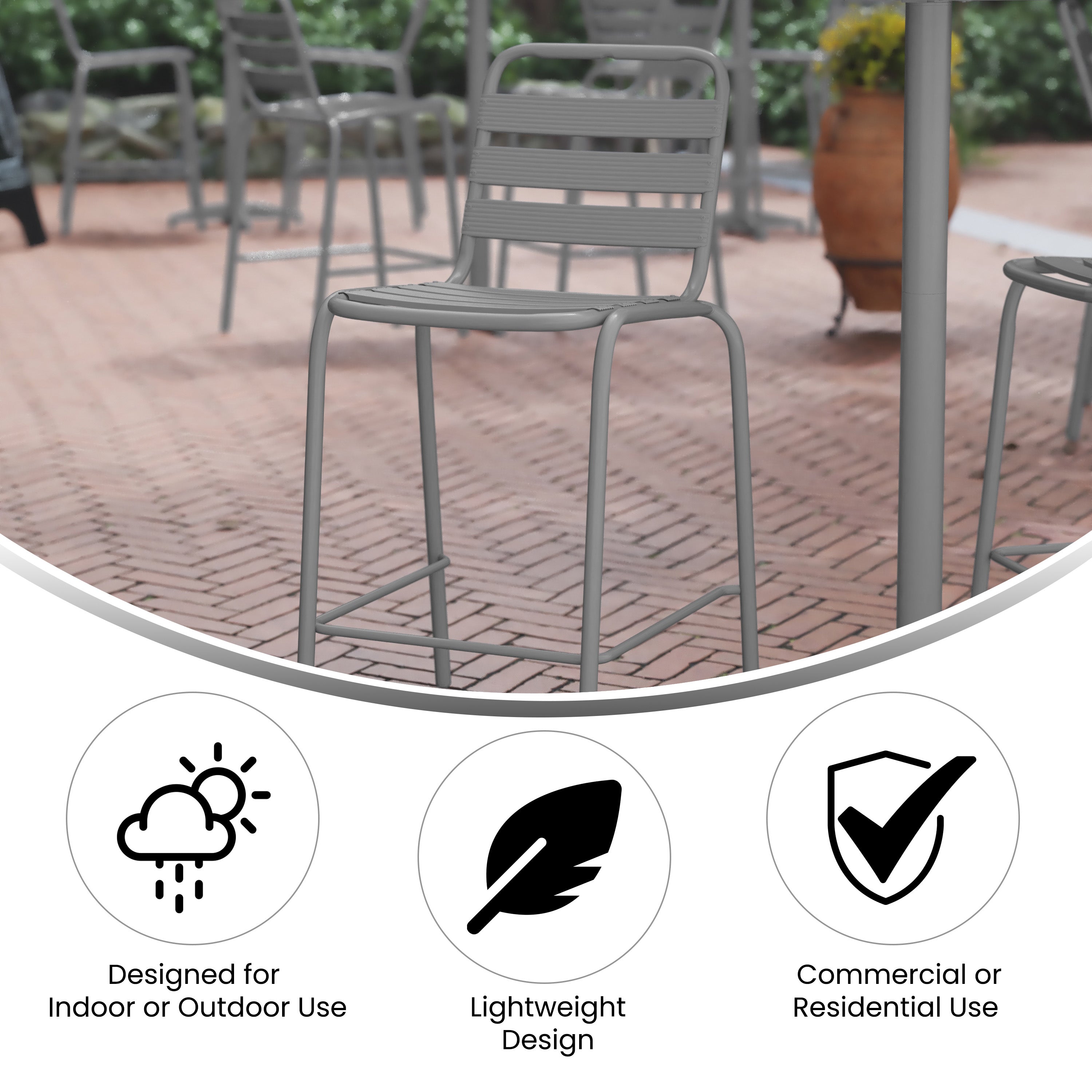 Lila Commercial Silver Metal Indoor-Outdoor Restaurant Bar Height Stool with Metal Triple Slat Back
