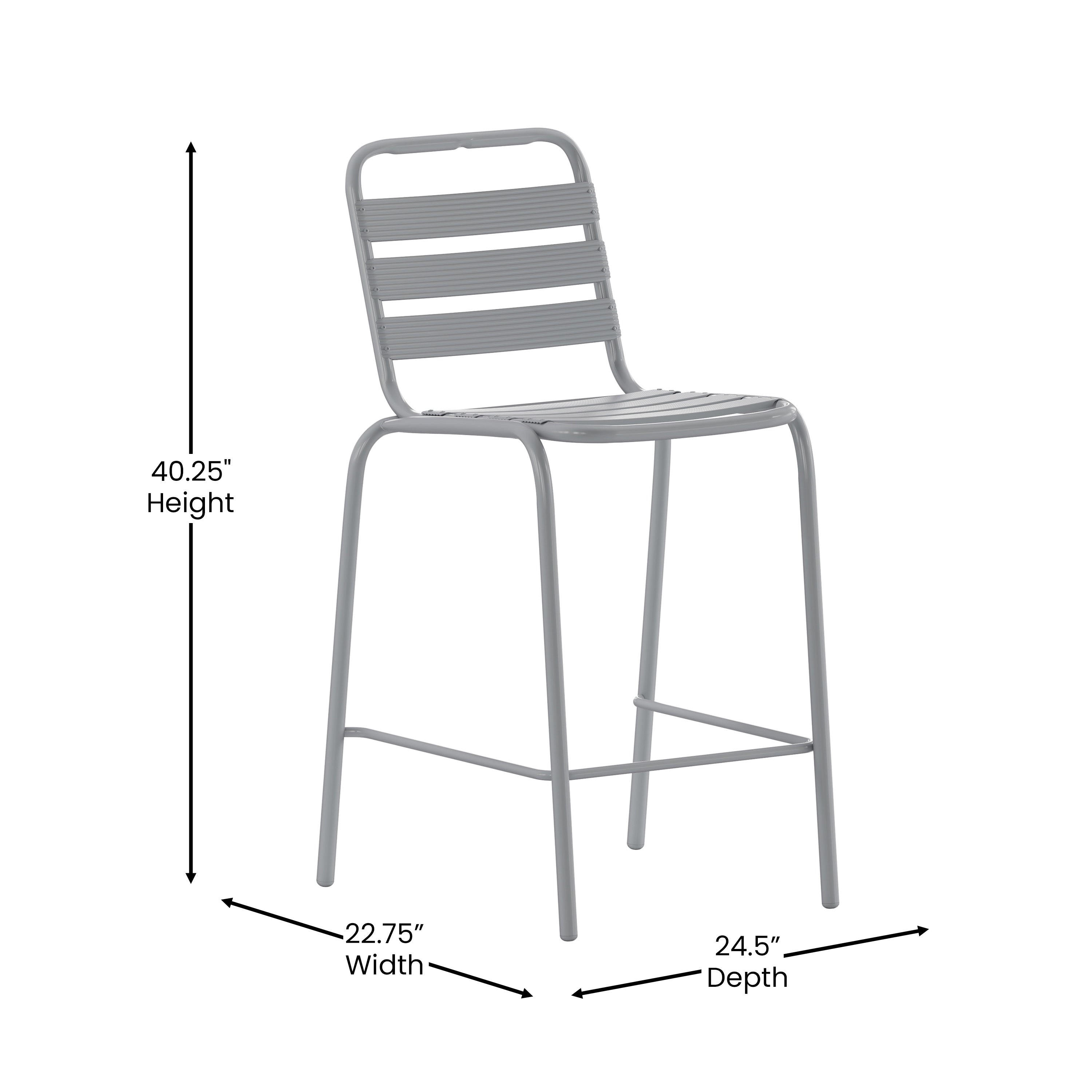 Lila Commercial Silver Metal Indoor-Outdoor Restaurant Bar Height Stool with Metal Triple Slat Back