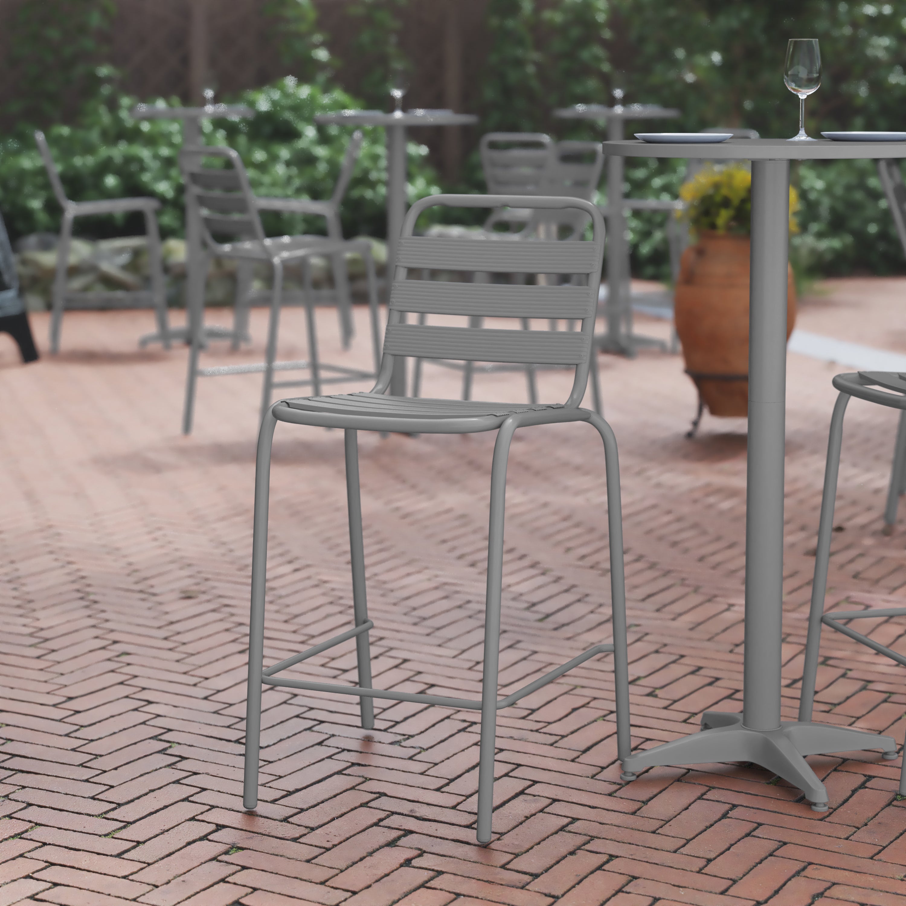 Lila Commercial Silver Metal Indoor-Outdoor Restaurant Bar Height Stool with Metal Triple Slat Back