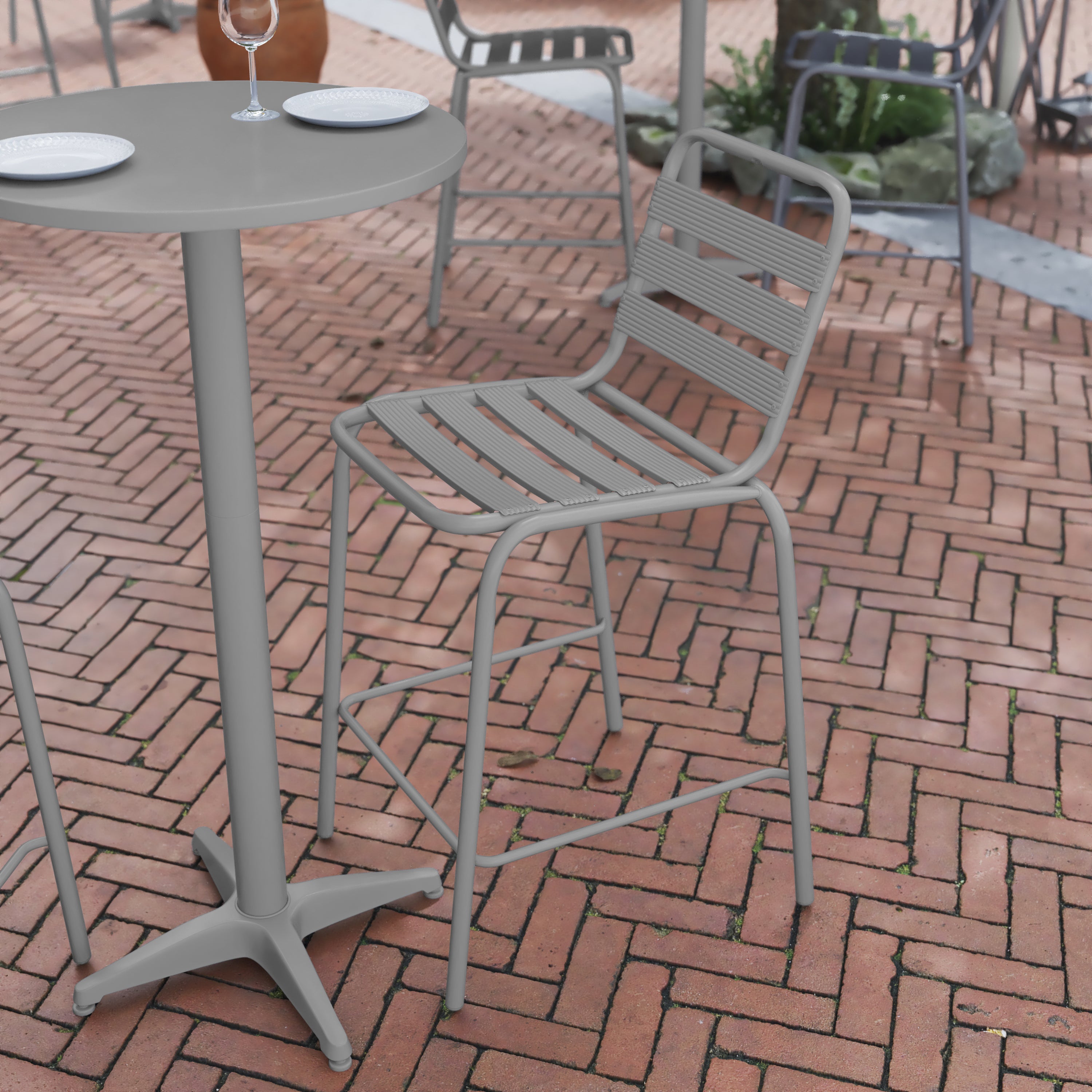 Lila Commercial Silver Metal Indoor-Outdoor Restaurant Bar Height Stool with Metal Triple Slat Back