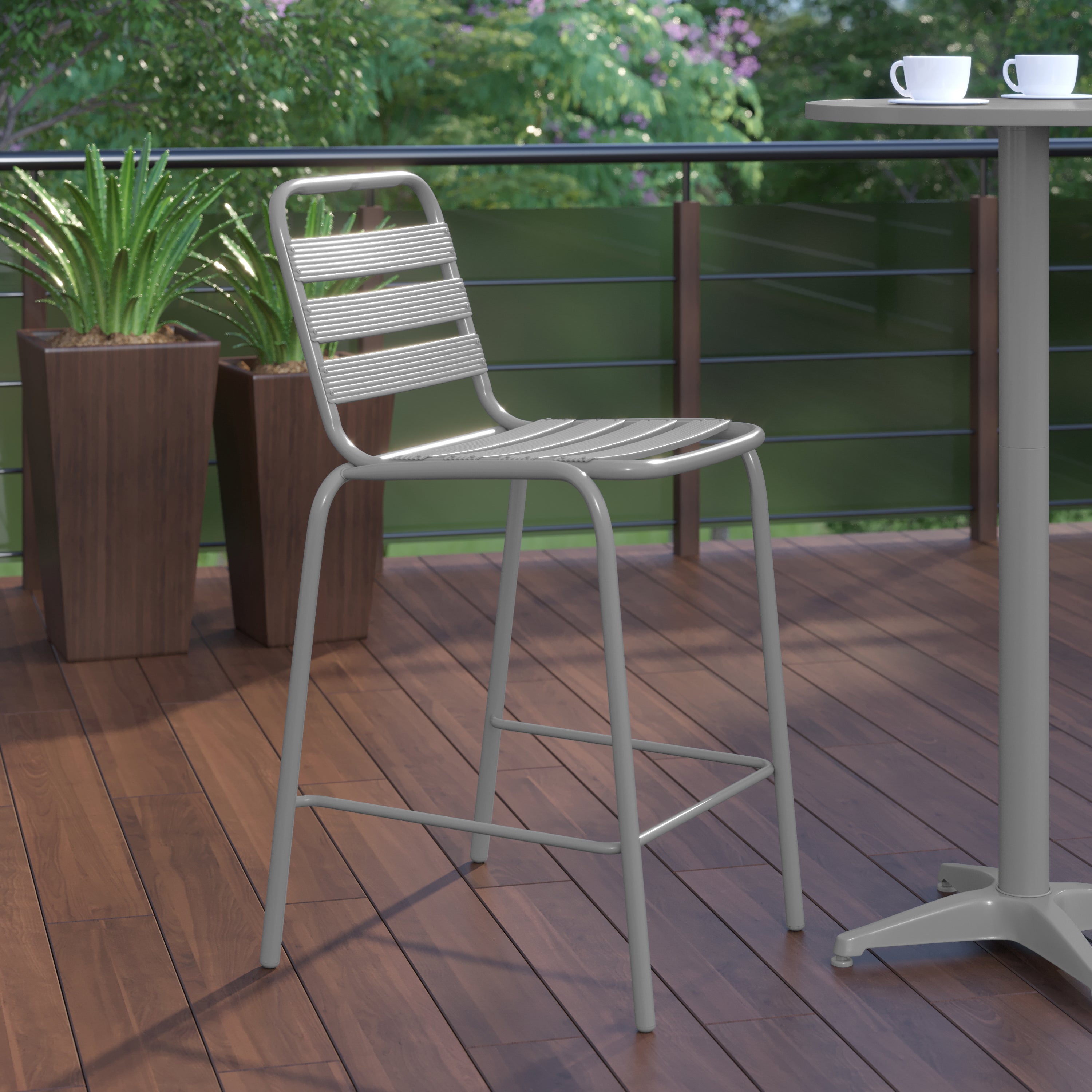 Lila Commercial Silver Metal Indoor-Outdoor Restaurant Bar Height Stool with Metal Triple Slat Back