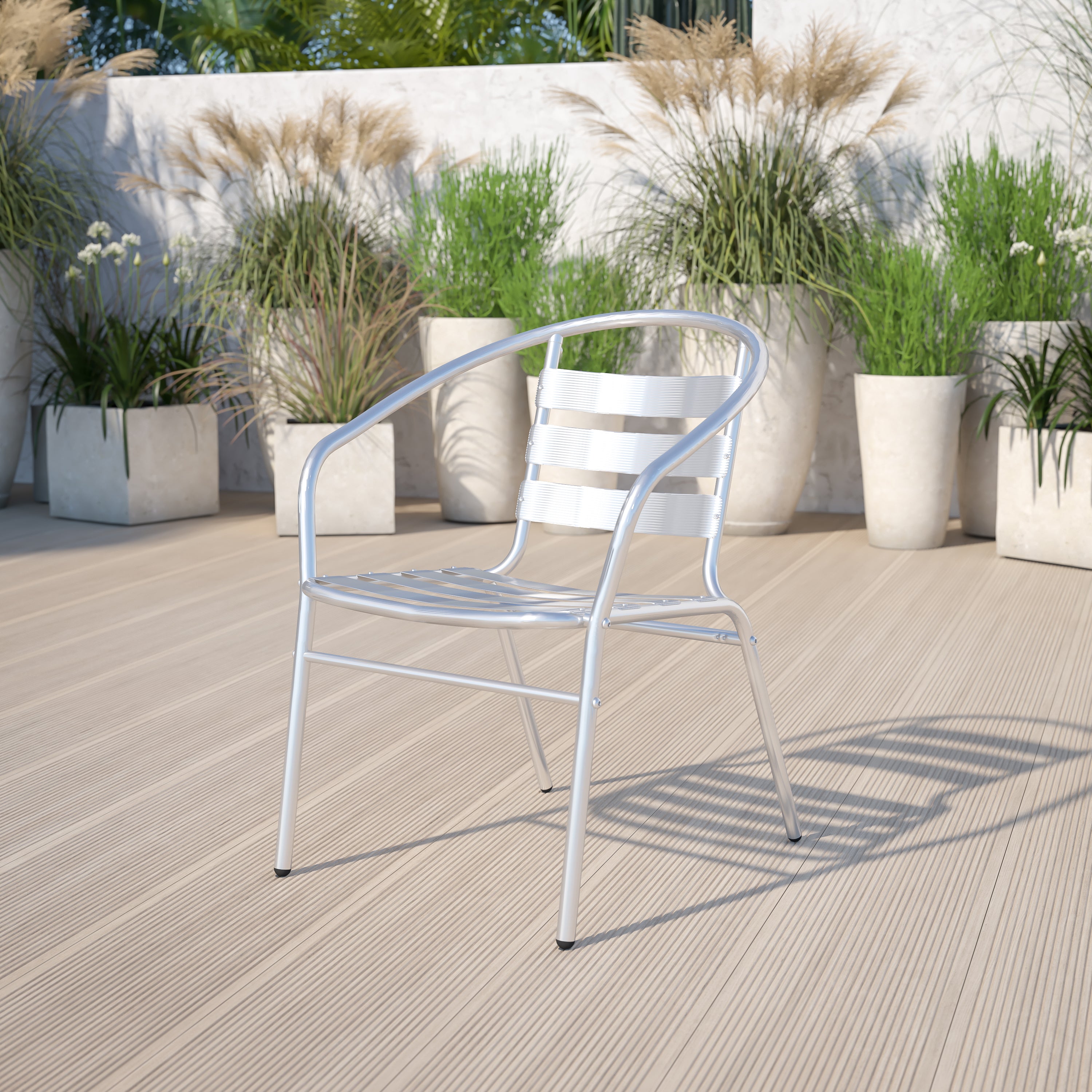 Lila Commercial Aluminum Indoor-Outdoor Restaurant Stack Chair with Triple Slat Back and Arms