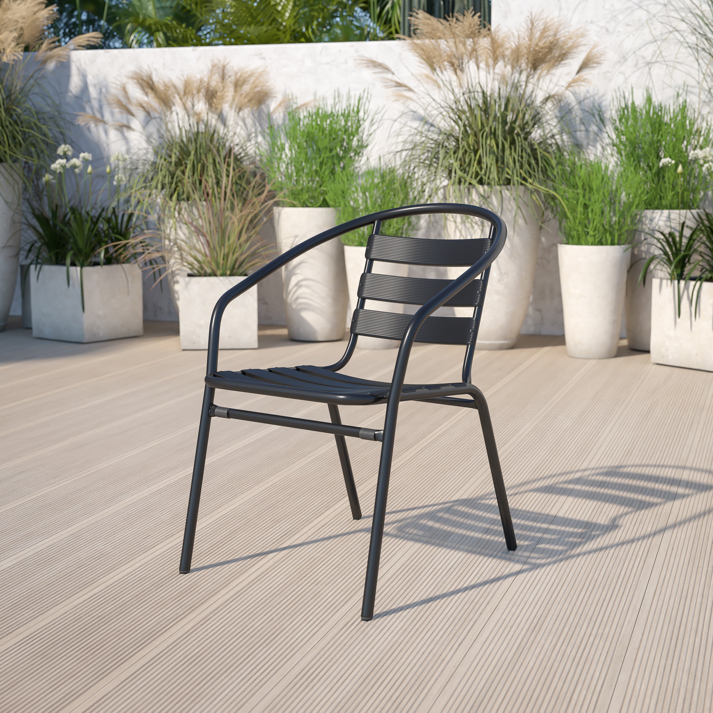 Lila Black Metal Restaurant Stack Chair with Aluminum Slats