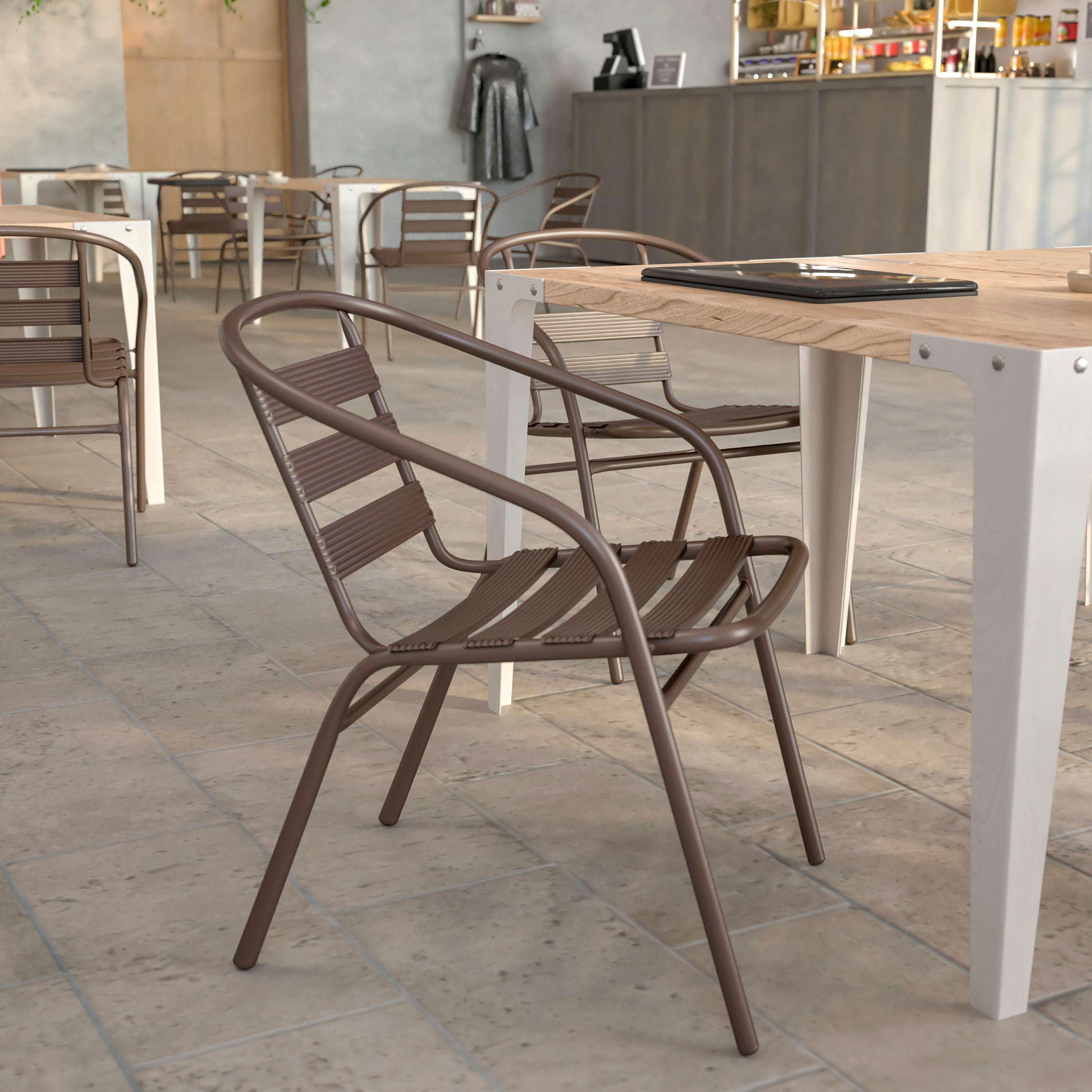 Lila Bronze Metal Restaurant Stack Chair with Metal Slats