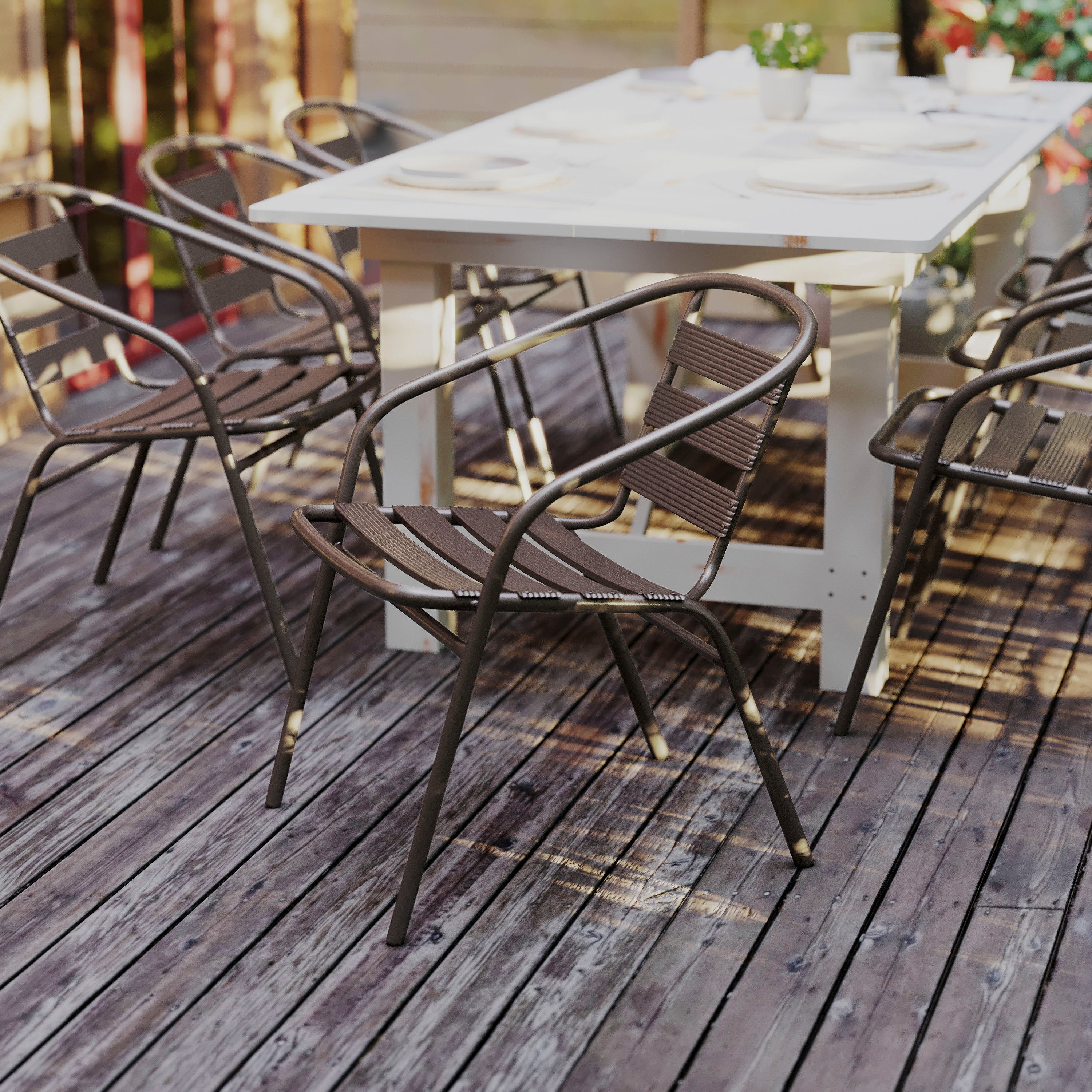 Lila Bronze Metal Restaurant Stack Chair with Metal Slats