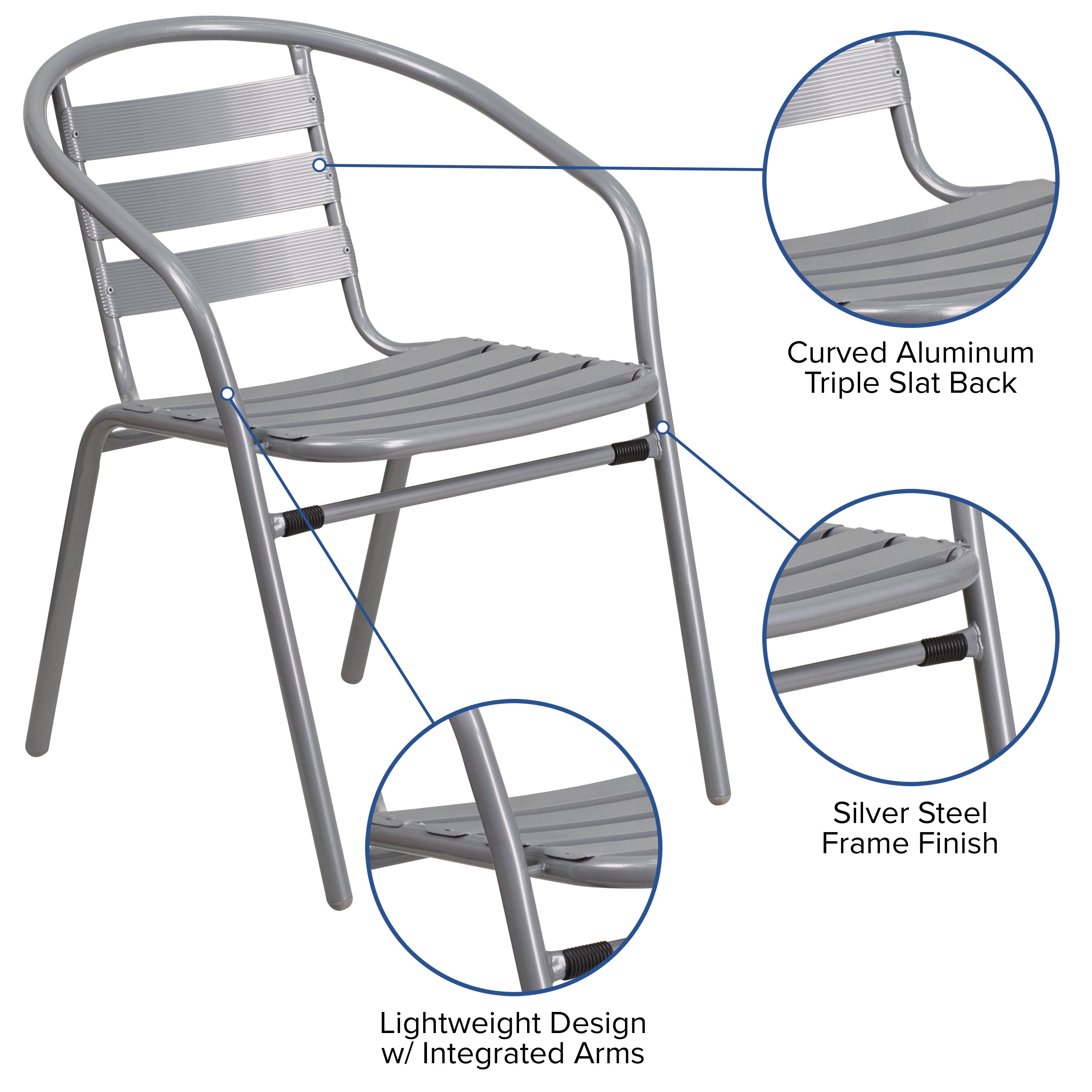 Lila Silver Metal Restaurant Stack Chair with Aluminum Slats
