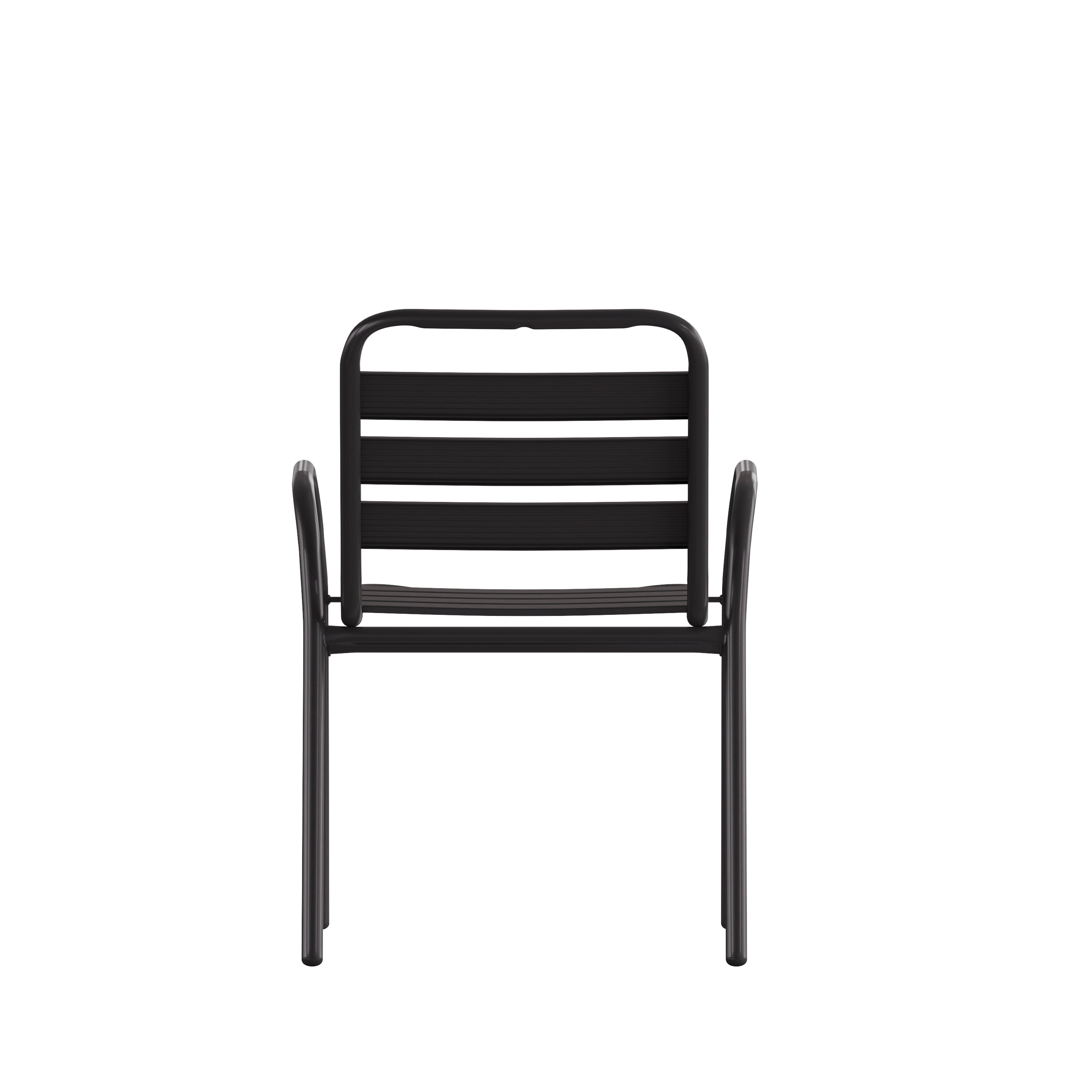 Lila Commercial Black Metal Indoor-Outdoor Restaurant Stack Chair with Metal Triple Slat Back and Arms