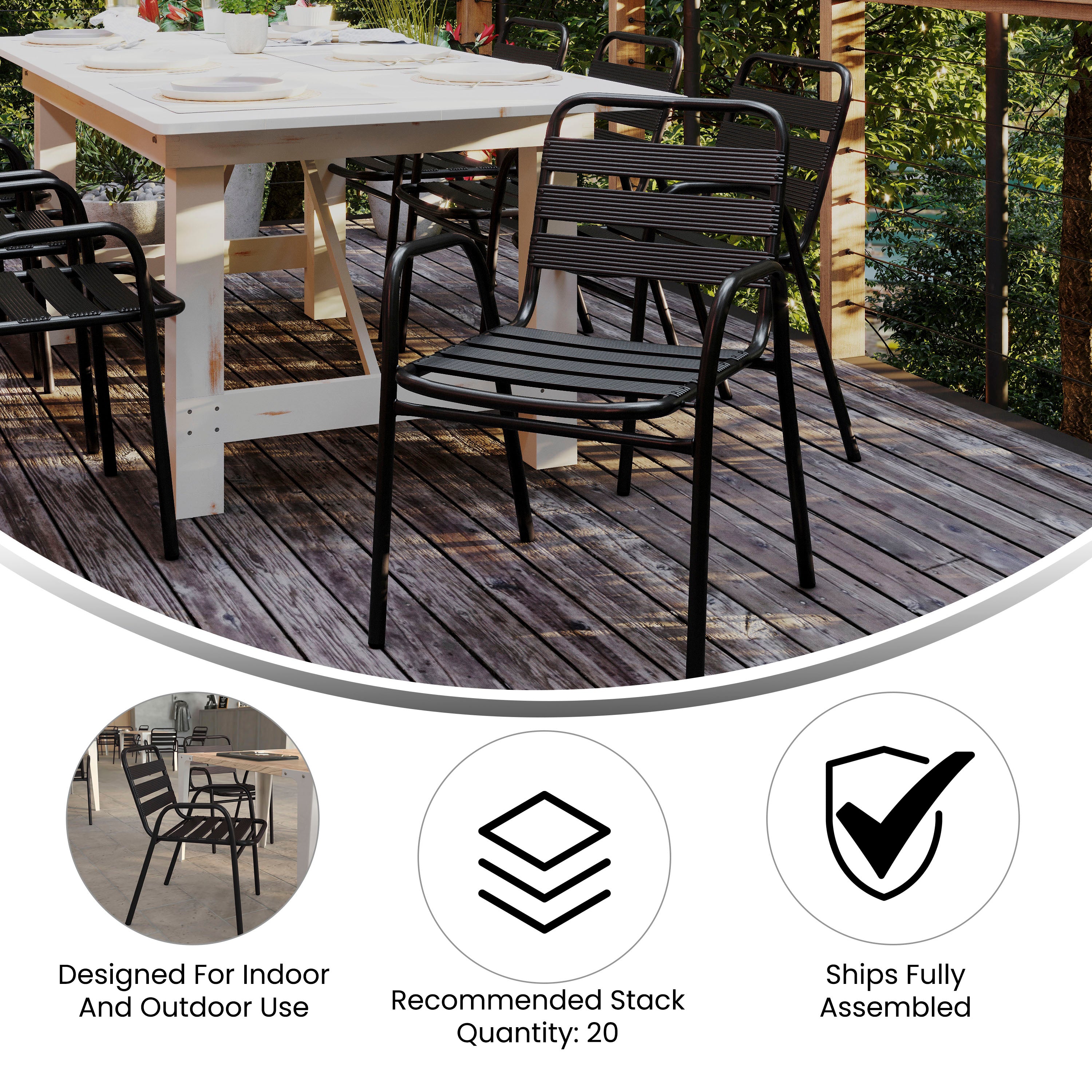 Lila Commercial Black Metal Indoor-Outdoor Restaurant Stack Chair with Metal Triple Slat Back and Arms