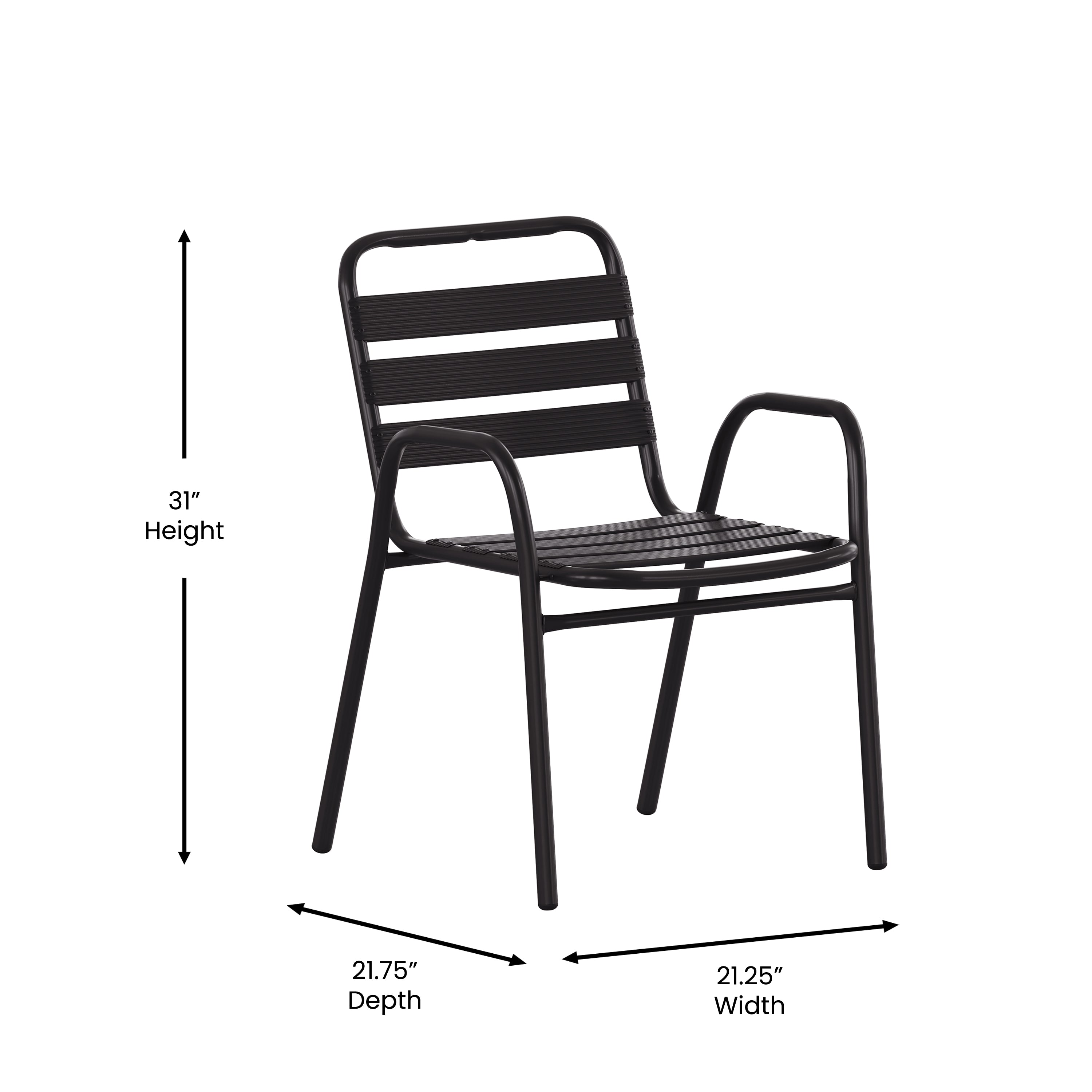 Lila Commercial Black Metal Indoor-Outdoor Restaurant Stack Chair with Metal Triple Slat Back and Arms