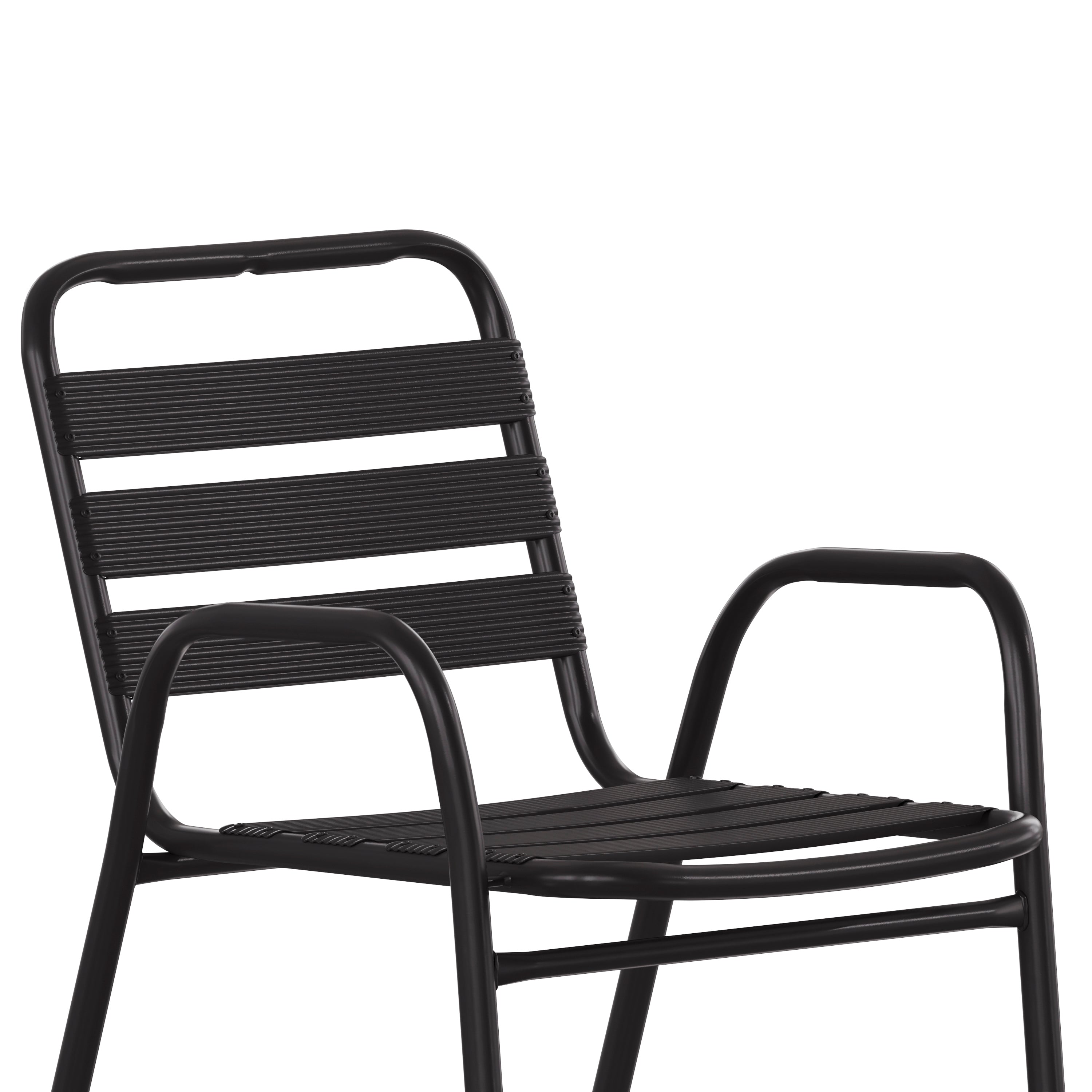 Lila Commercial Black Metal Indoor-Outdoor Restaurant Stack Chair with Metal Triple Slat Back and Arms