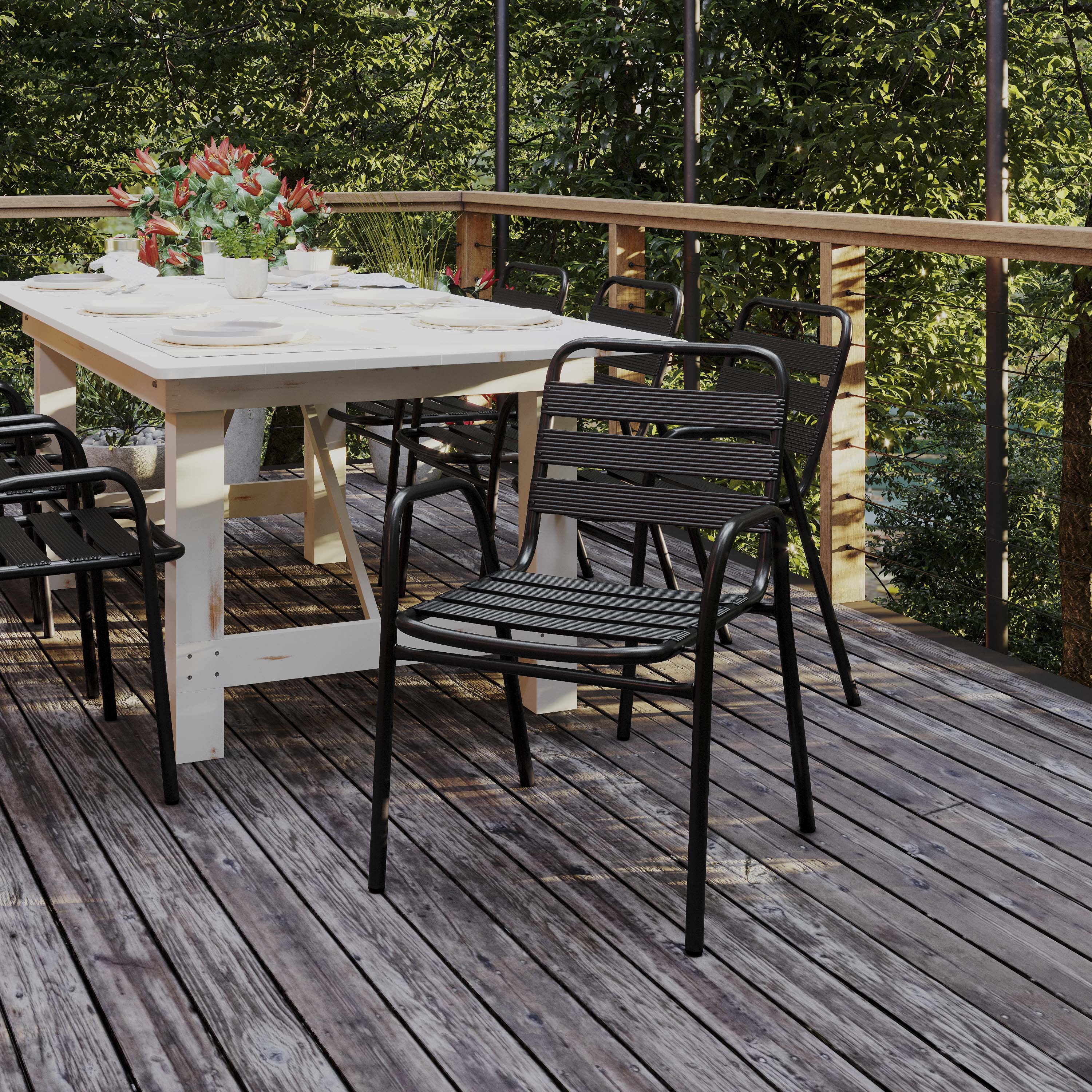 Lila Commercial Black Metal Indoor-Outdoor Restaurant Stack Chair with Metal Triple Slat Back and Arms