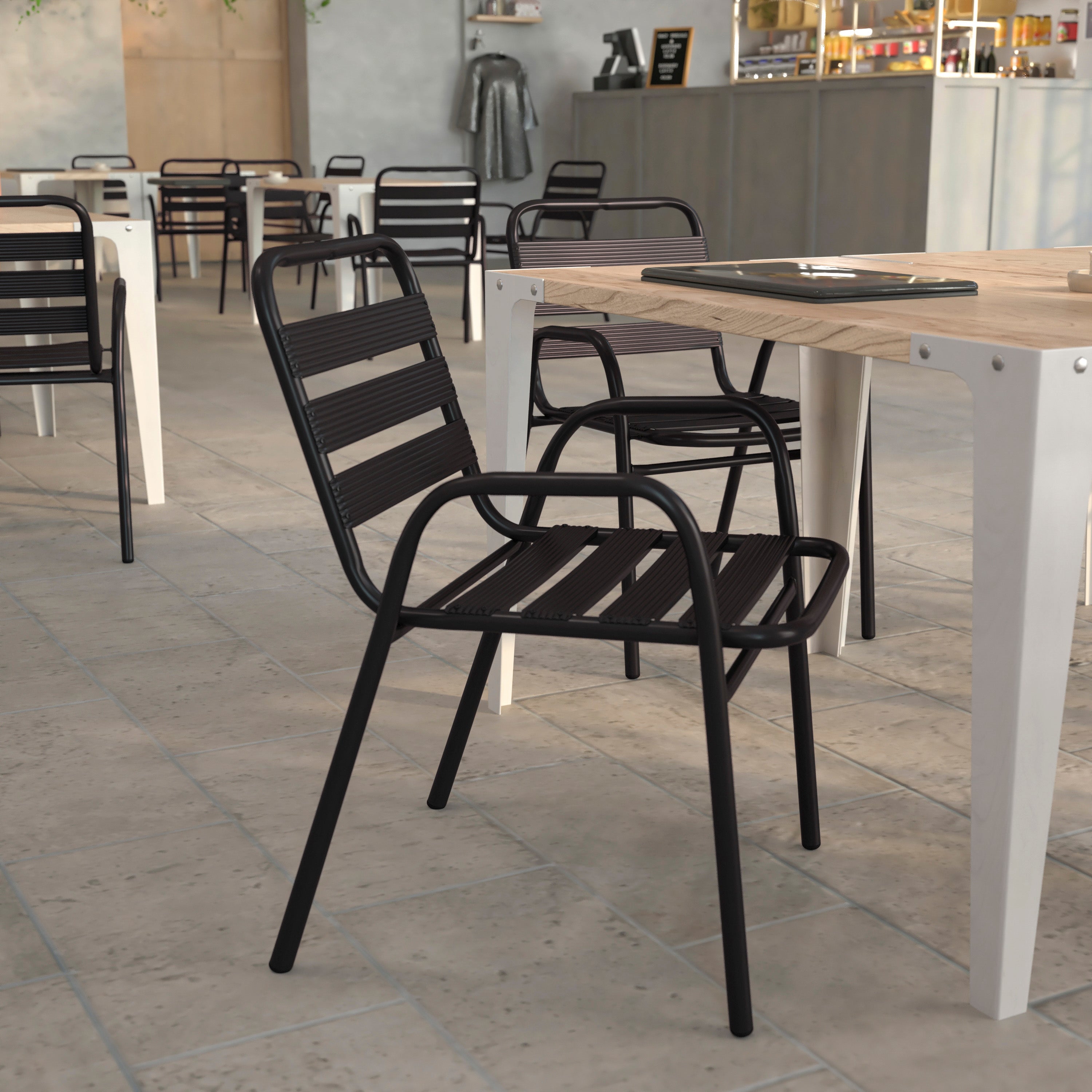 Lila Commercial Black Metal Indoor-Outdoor Restaurant Stack Chair with Metal Triple Slat Back and Arms