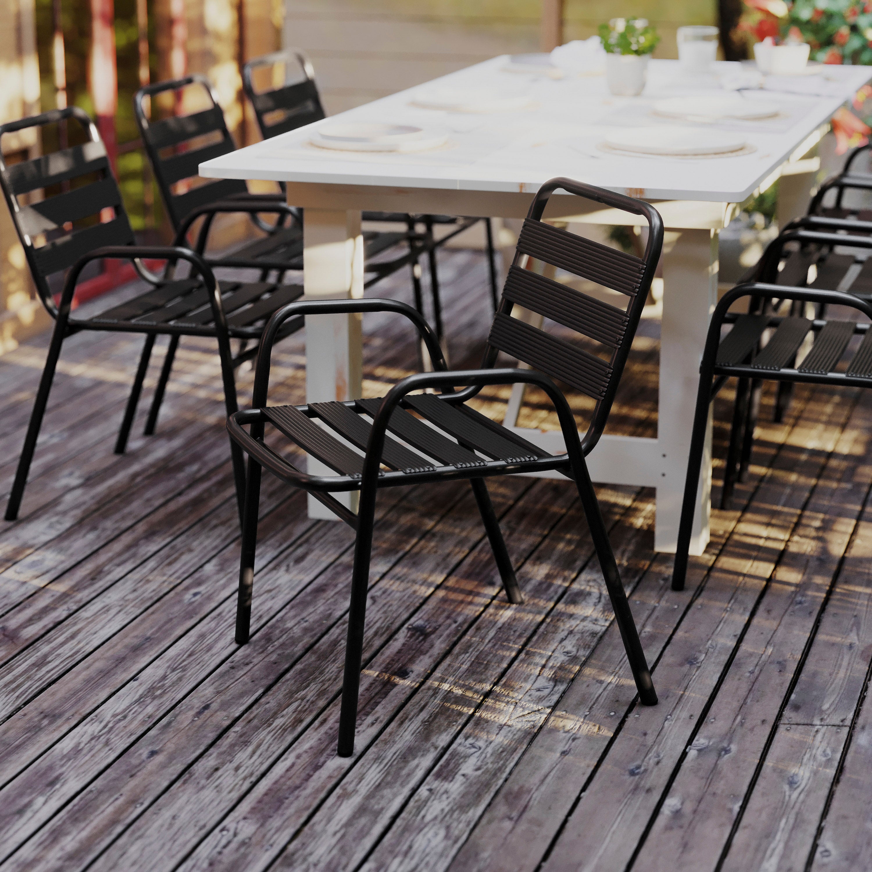 Lila Commercial Black Metal Indoor-Outdoor Restaurant Stack Chair with Metal Triple Slat Back and Arms