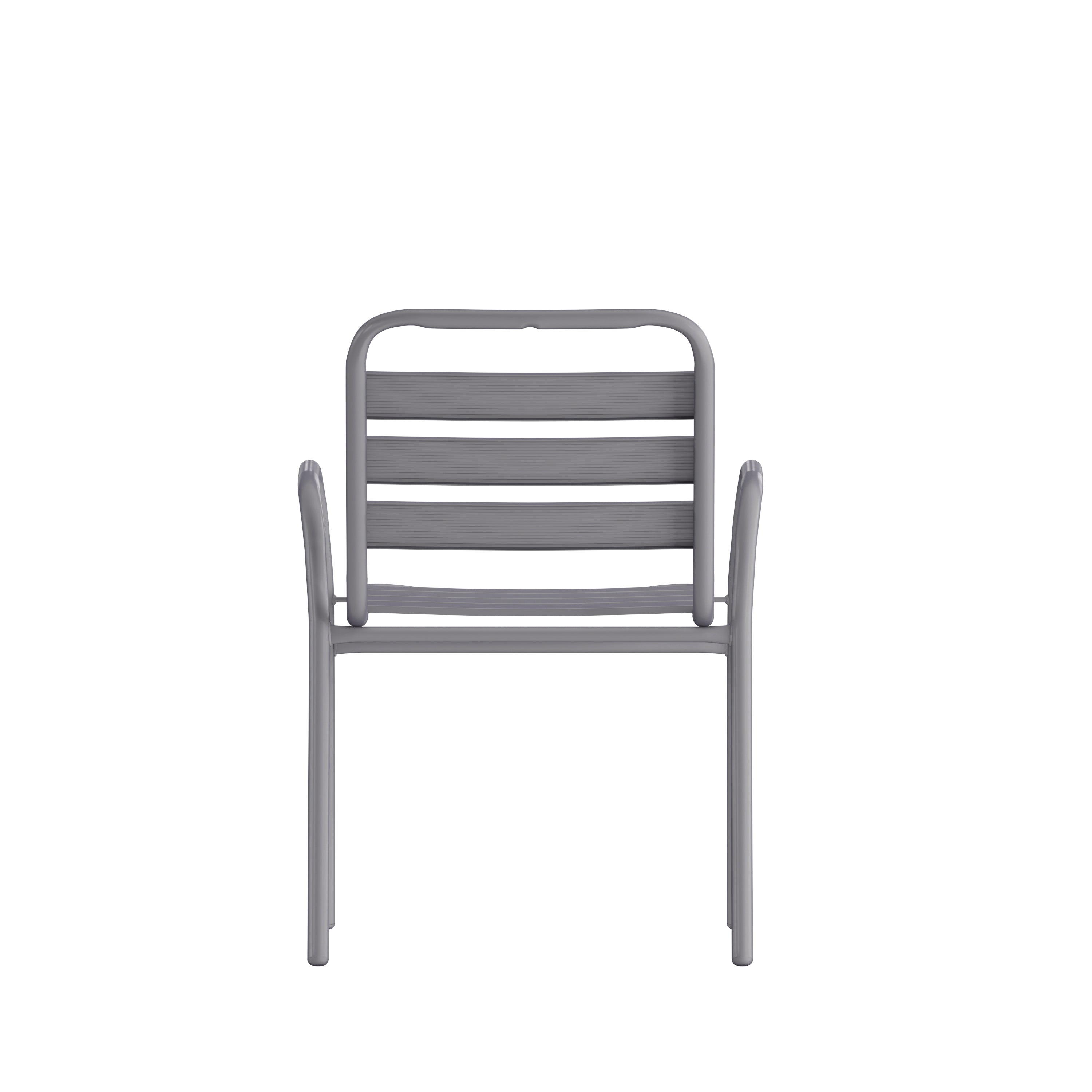 Lila Commercial Silver Metal Indoor-Outdoor Restaurant Stack Chair with Metal Triple Slat Back and Arms