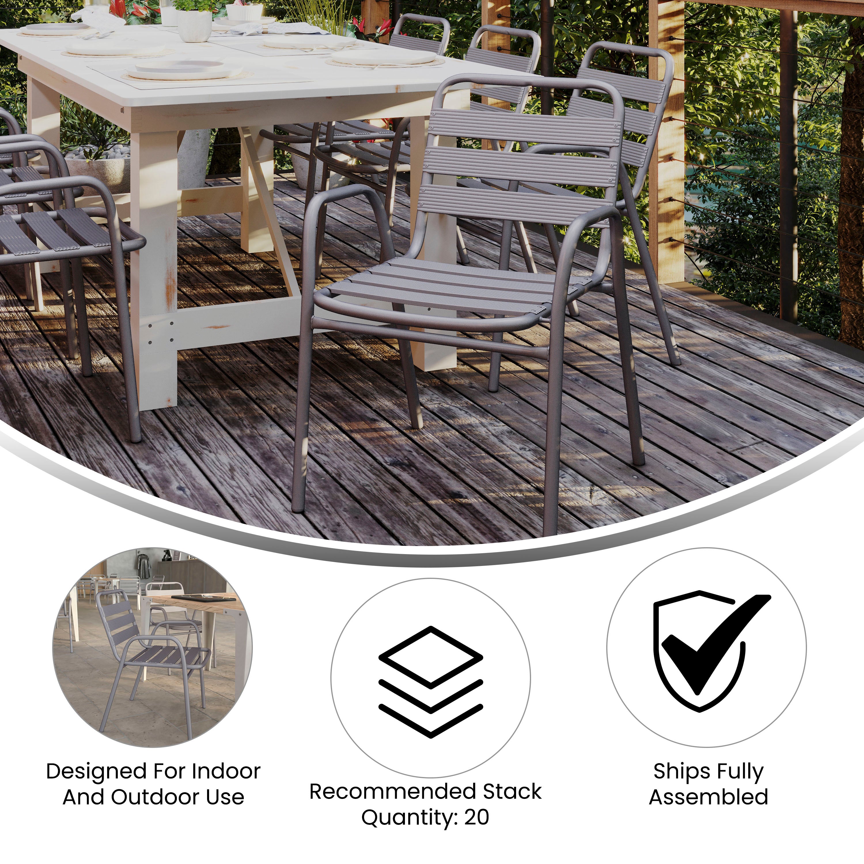 Lila Commercial Silver Metal Indoor-Outdoor Restaurant Stack Chair with Metal Triple Slat Back and Arms
