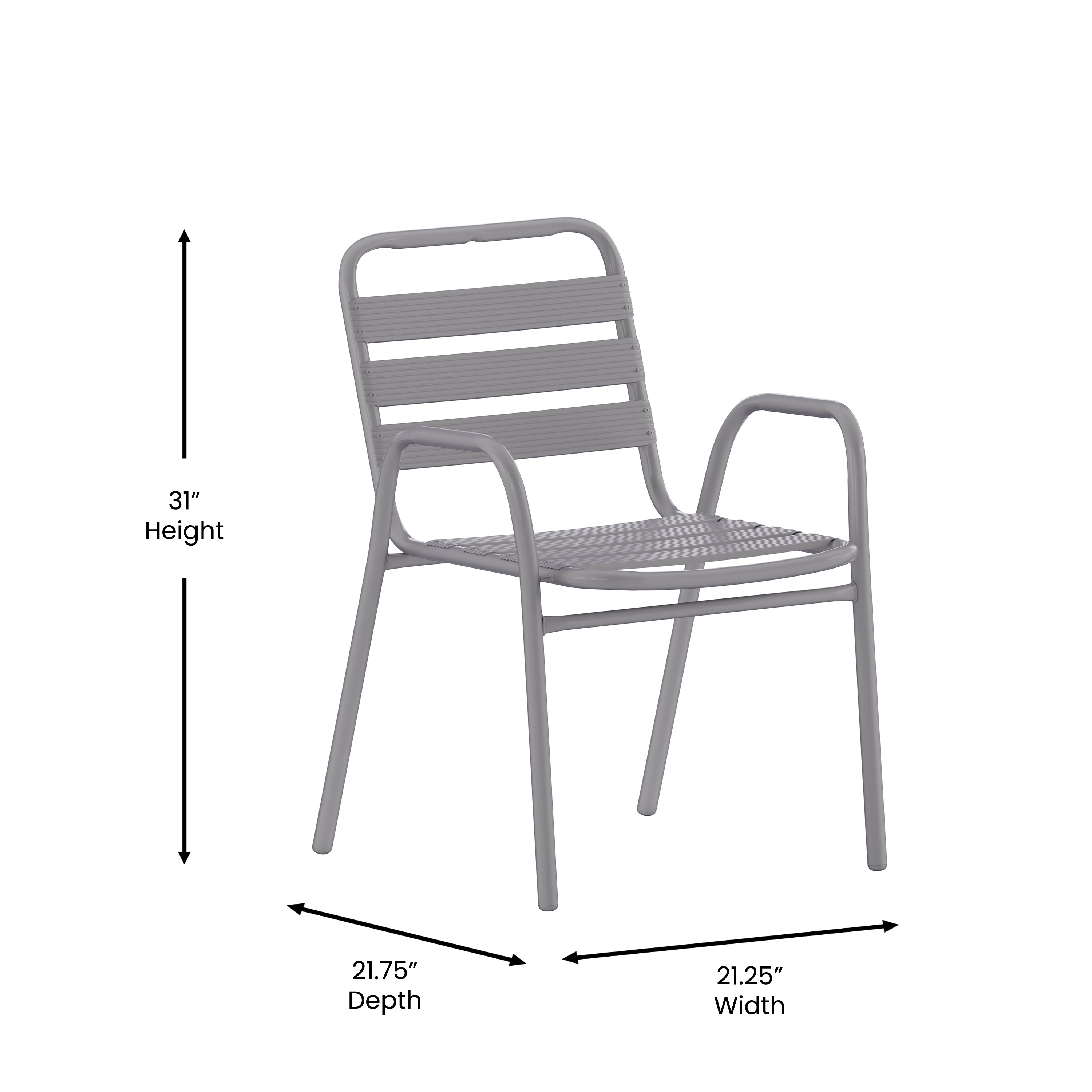Lila Commercial Silver Metal Indoor-Outdoor Restaurant Stack Chair with Metal Triple Slat Back and Arms