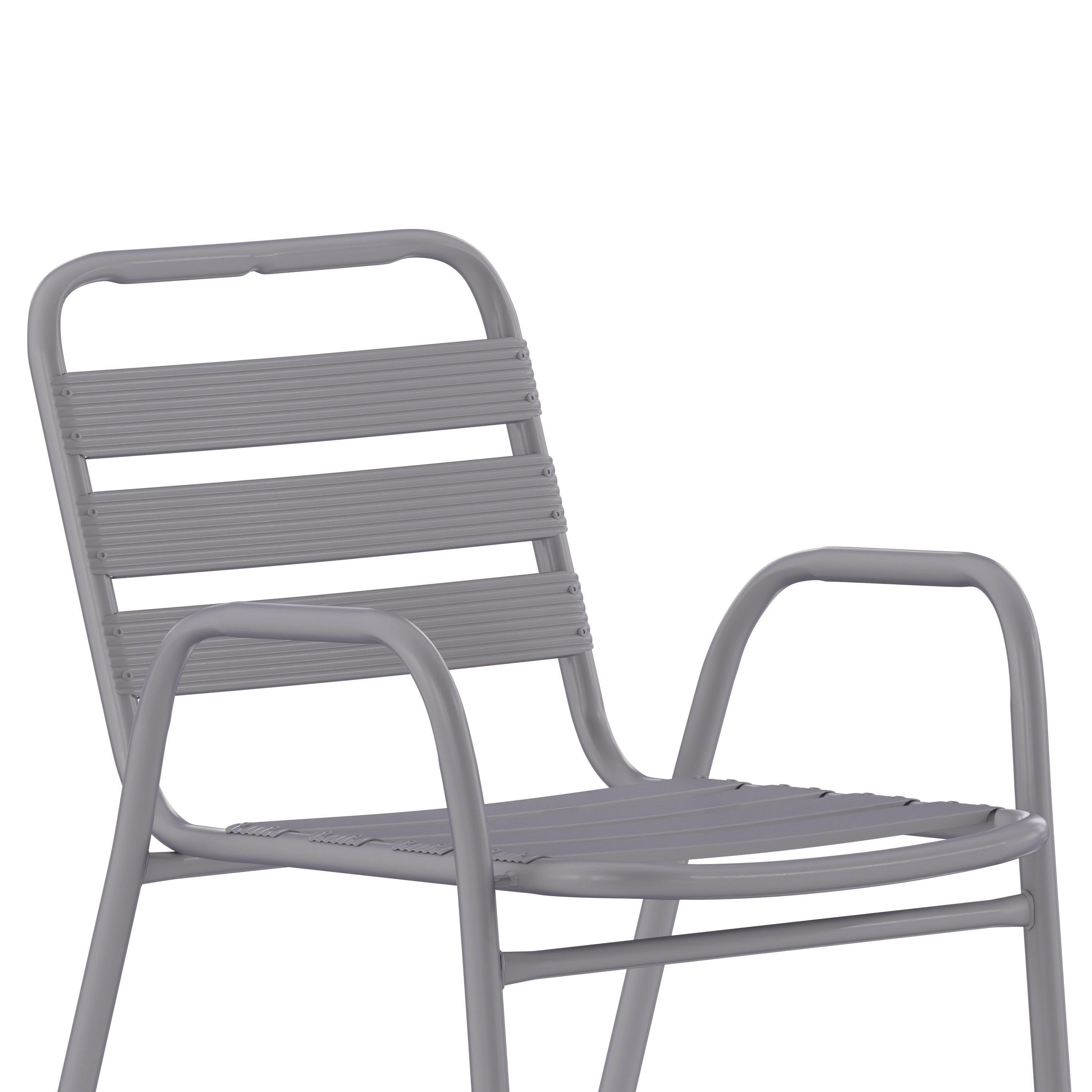 Lila Commercial Silver Metal Indoor-Outdoor Restaurant Stack Chair with Metal Triple Slat Back and Arms