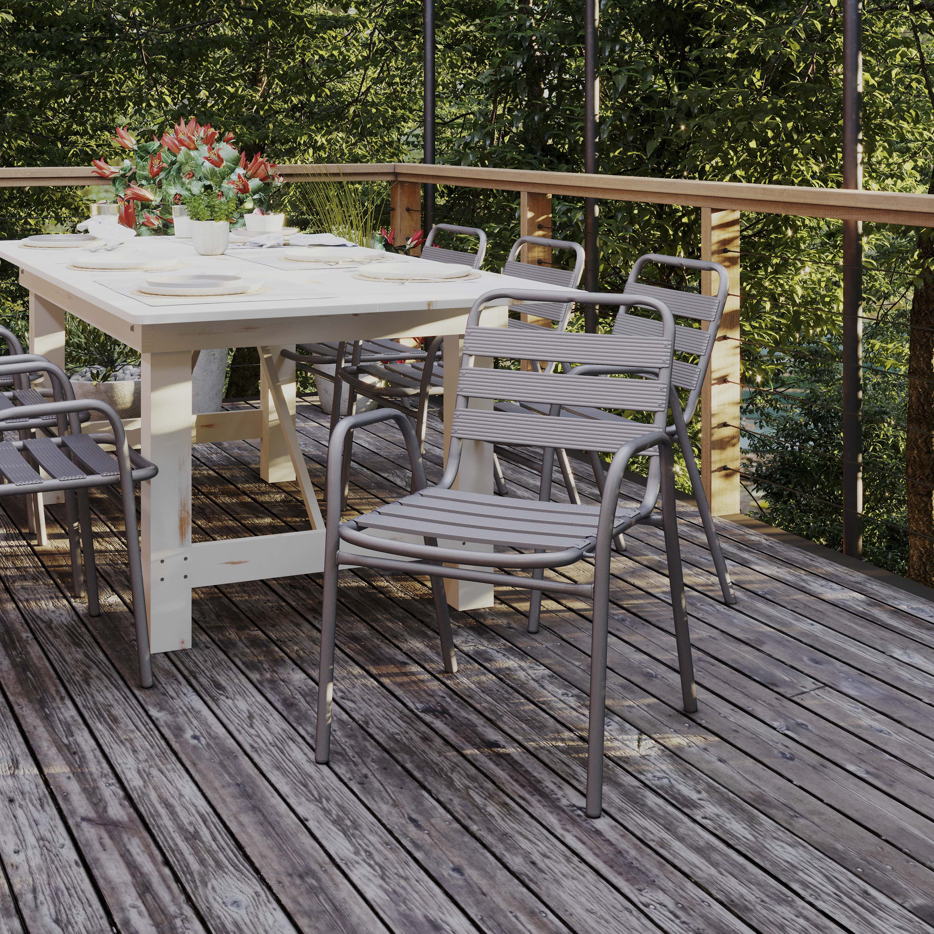Lila Commercial Silver Metal Indoor-Outdoor Restaurant Stack Chair with Metal Triple Slat Back and Arms